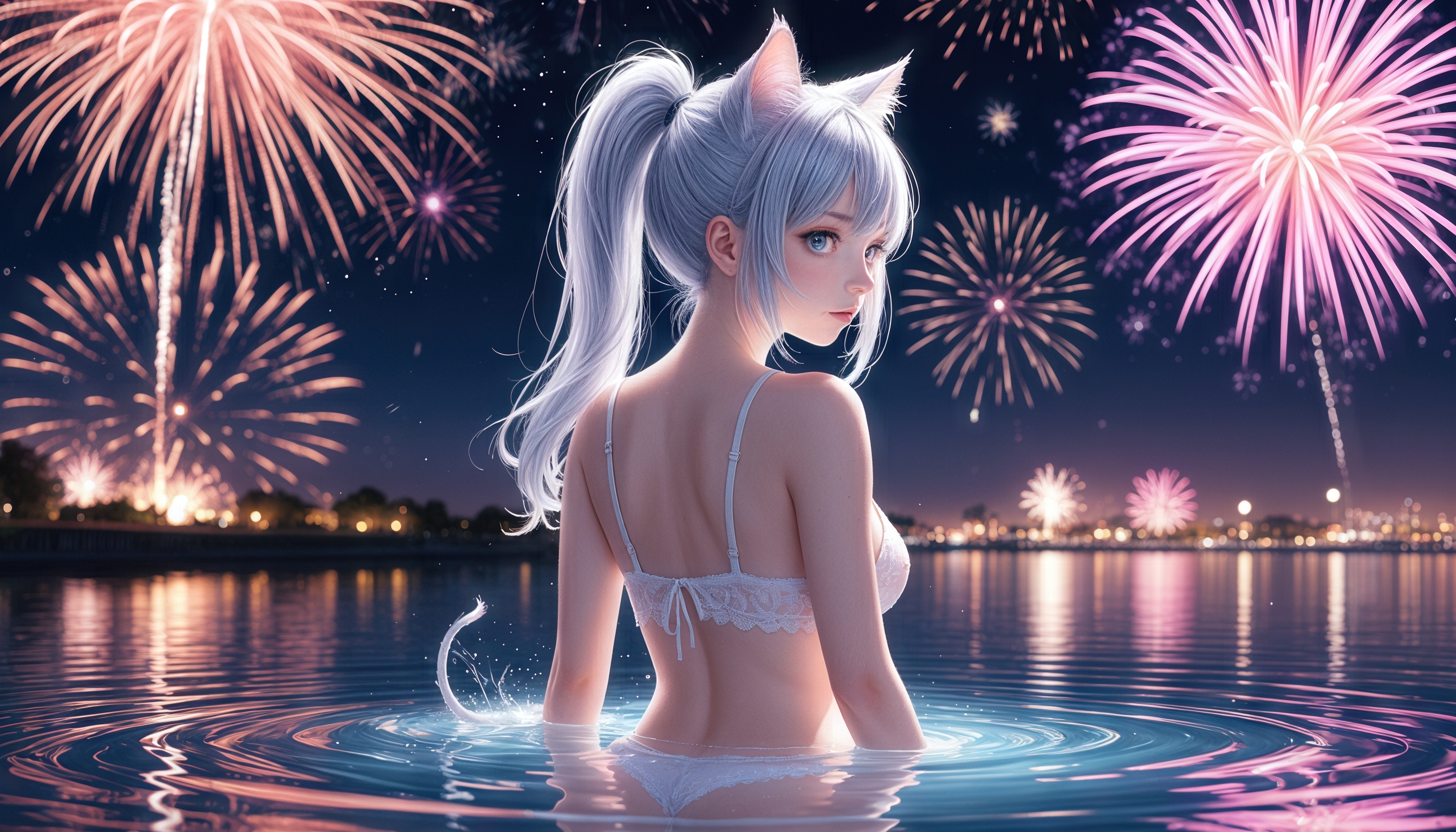 Бесплатное фото Девушка с кошачьими ушками в белом кружеве стоит спиной в воде, освещённая отражениями фейерверков.