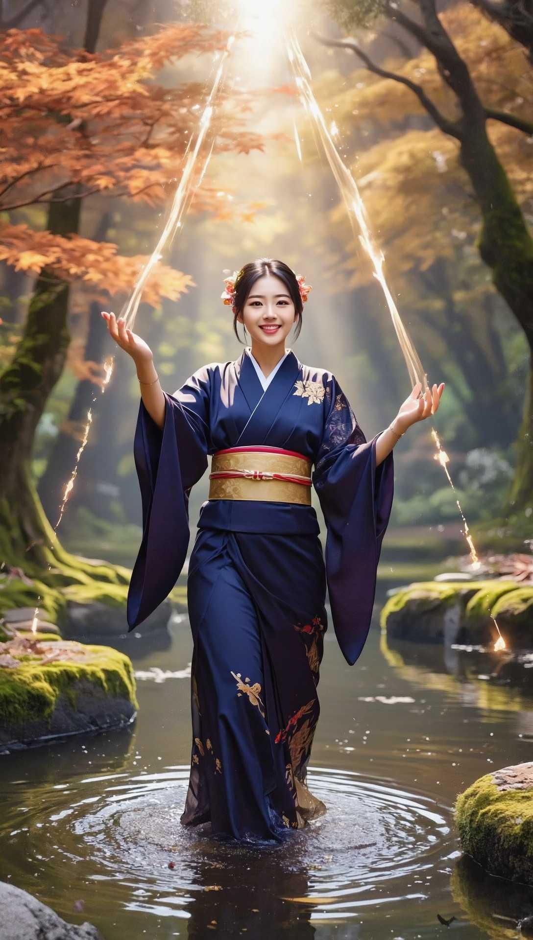 免费照片日本美丽少女在阳光下沿着森林中的河流散步