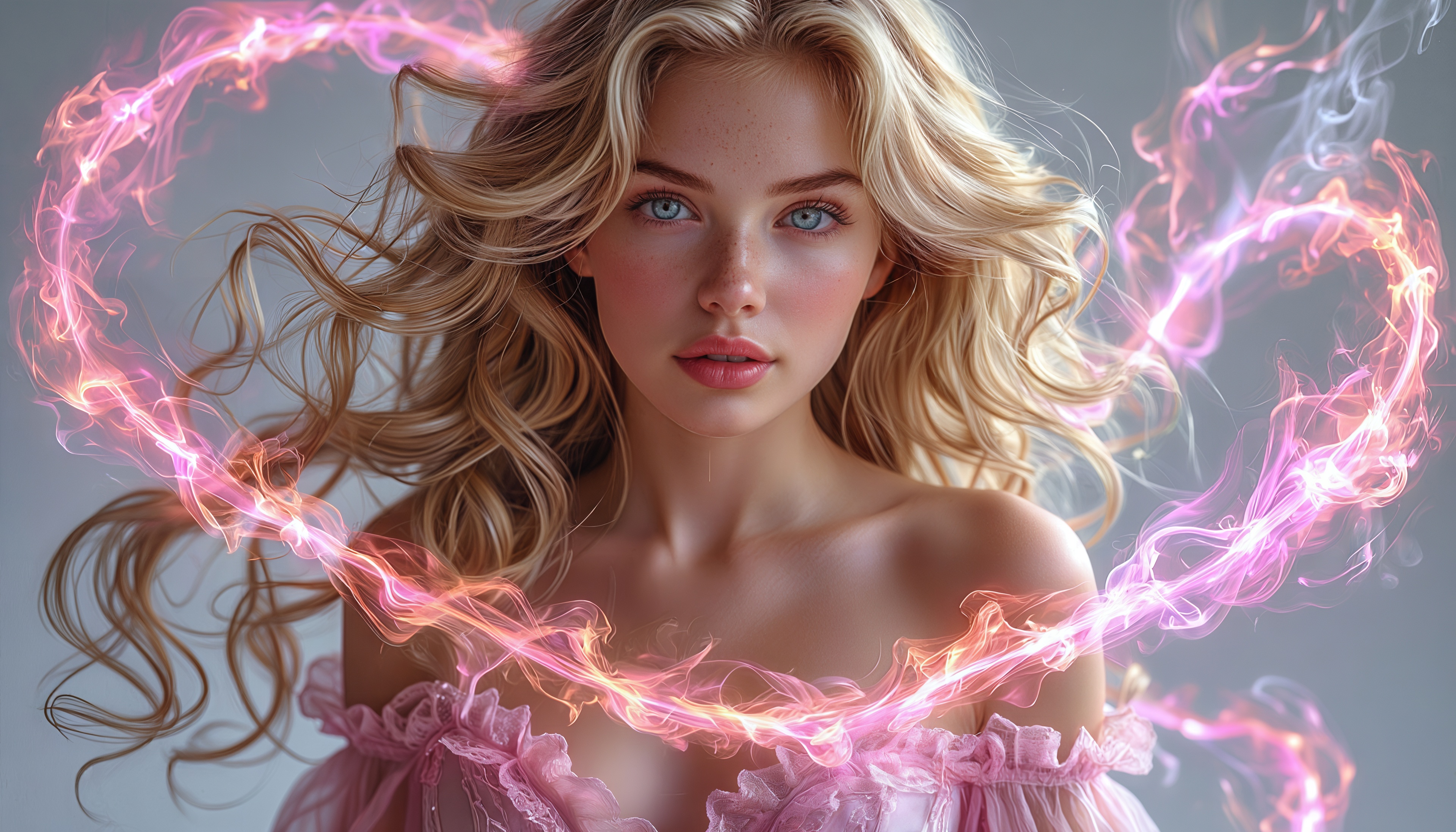 Бесплатное фото Блондинка в кружевах, окружённая мистическим пламенем.