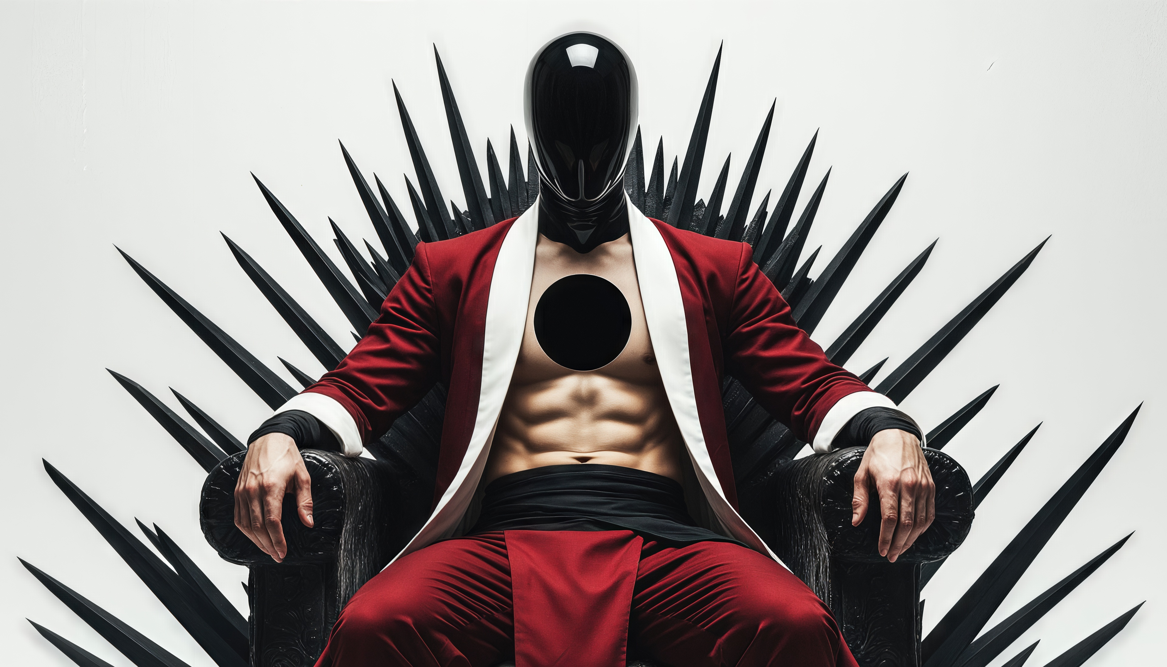 Free photo A futuristic warrior with a naked torso and a black circle on his chest sits on a dark throne with spikes.