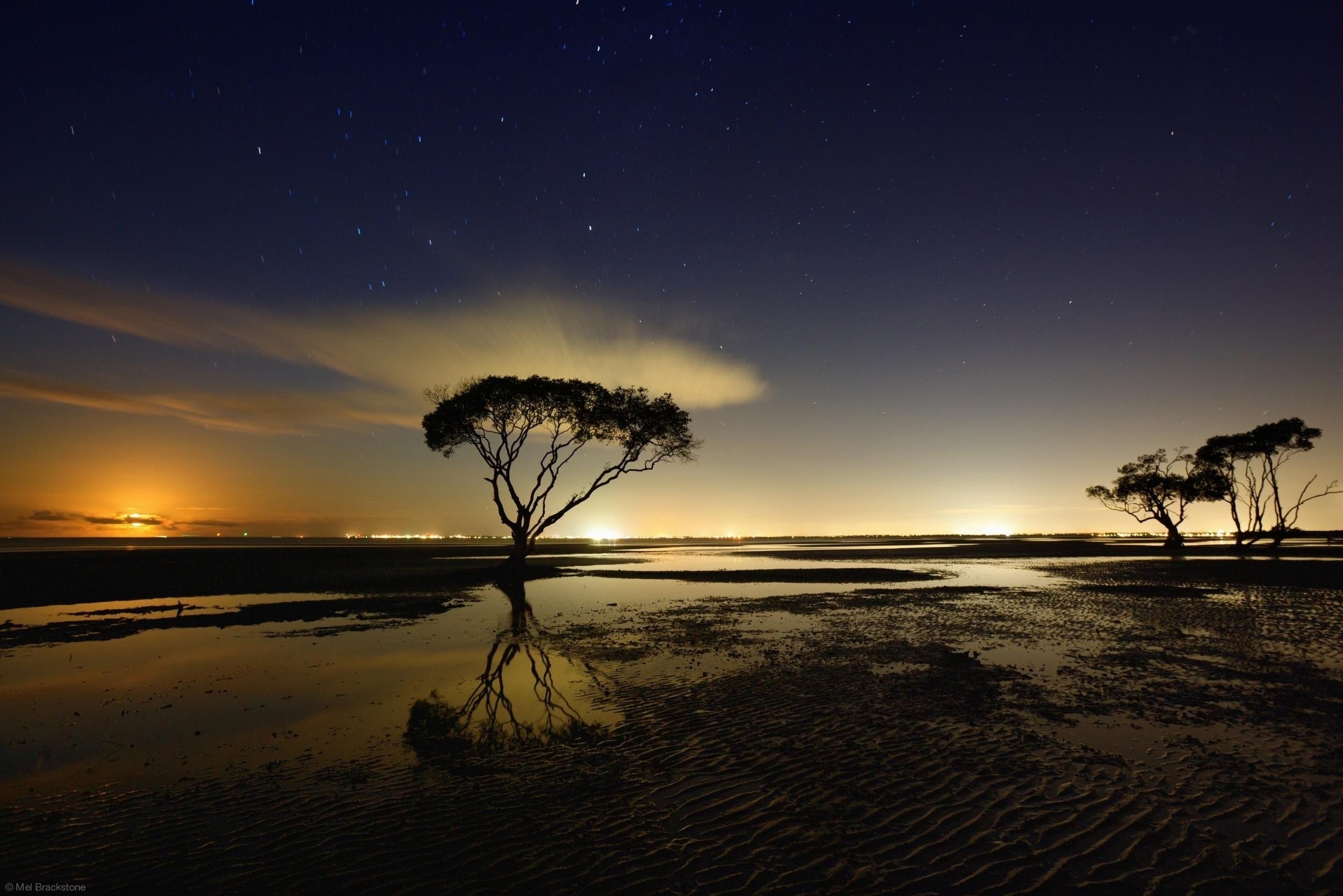 A night scene with a lone tree reflected in the water, against a backdrop of a starry sky and sunset.