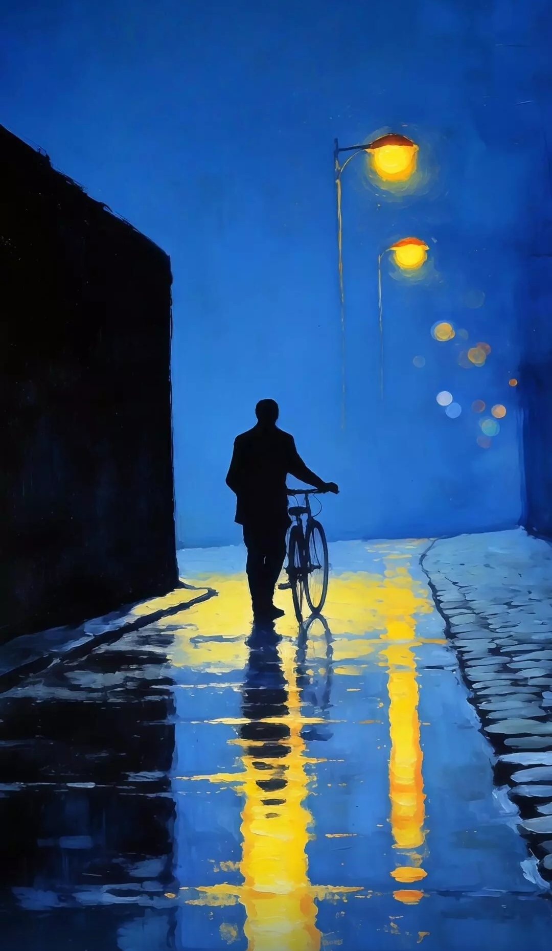 Free photo A man with a bicycle on a wet street on a rainy night