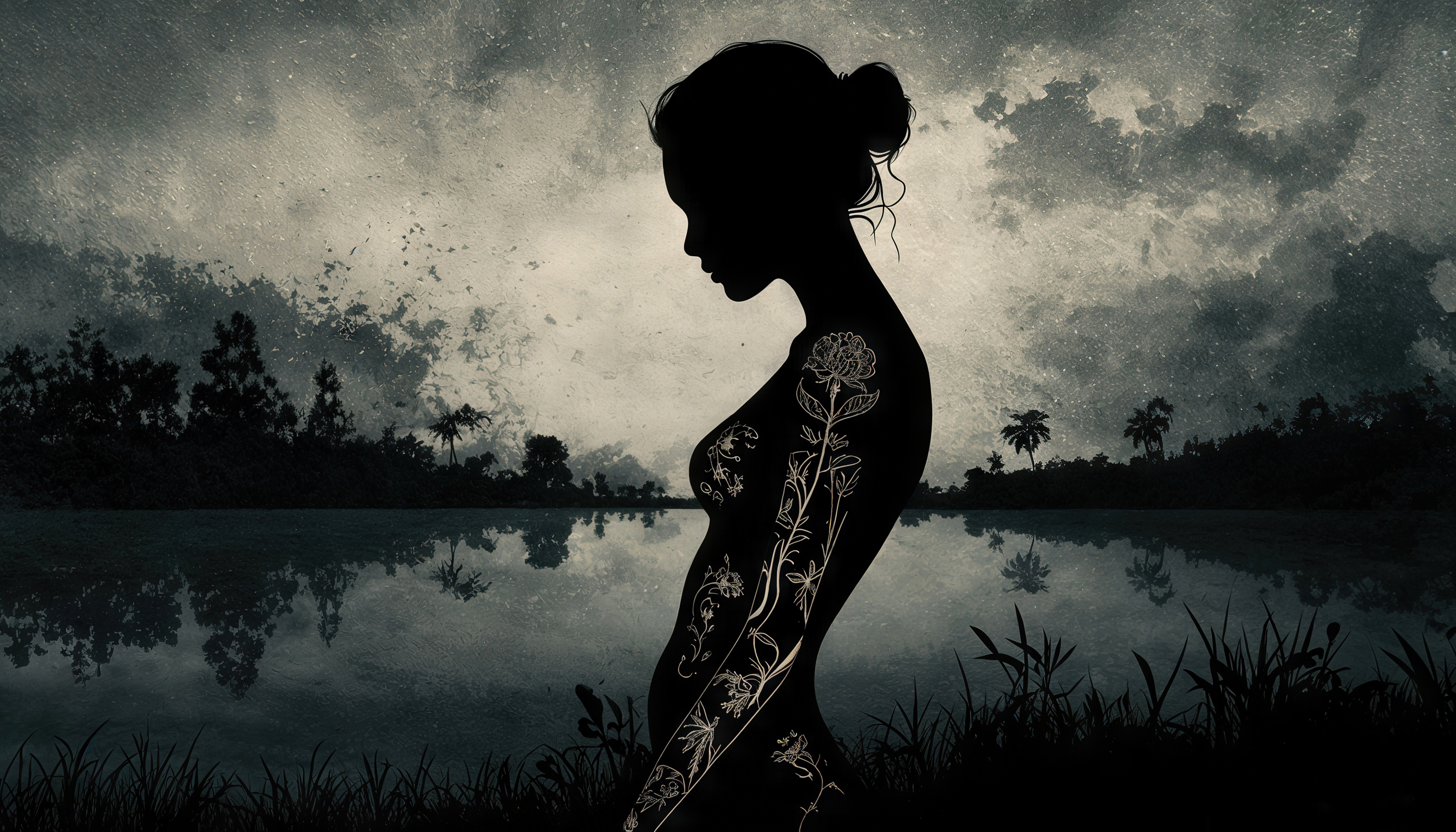 Бесплатное фото Силуэт женщины с цветочными узорами на фоне пейзажа с водой и облаками.