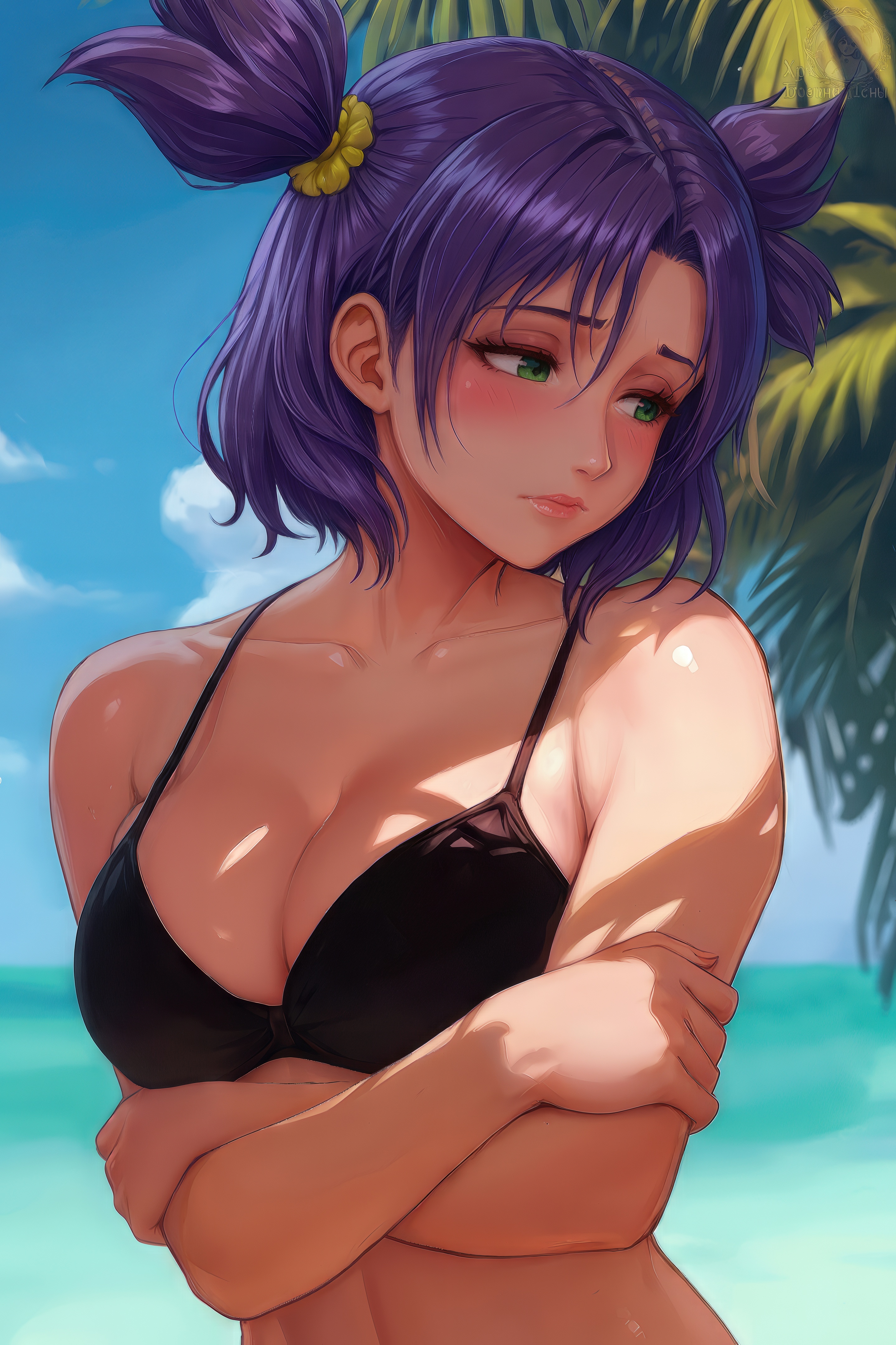 Лена в чёрном купальнике, с фиолетовыми хвостиками и румянцем на щеках, скрестив руки, стоит на солнечном пляже.