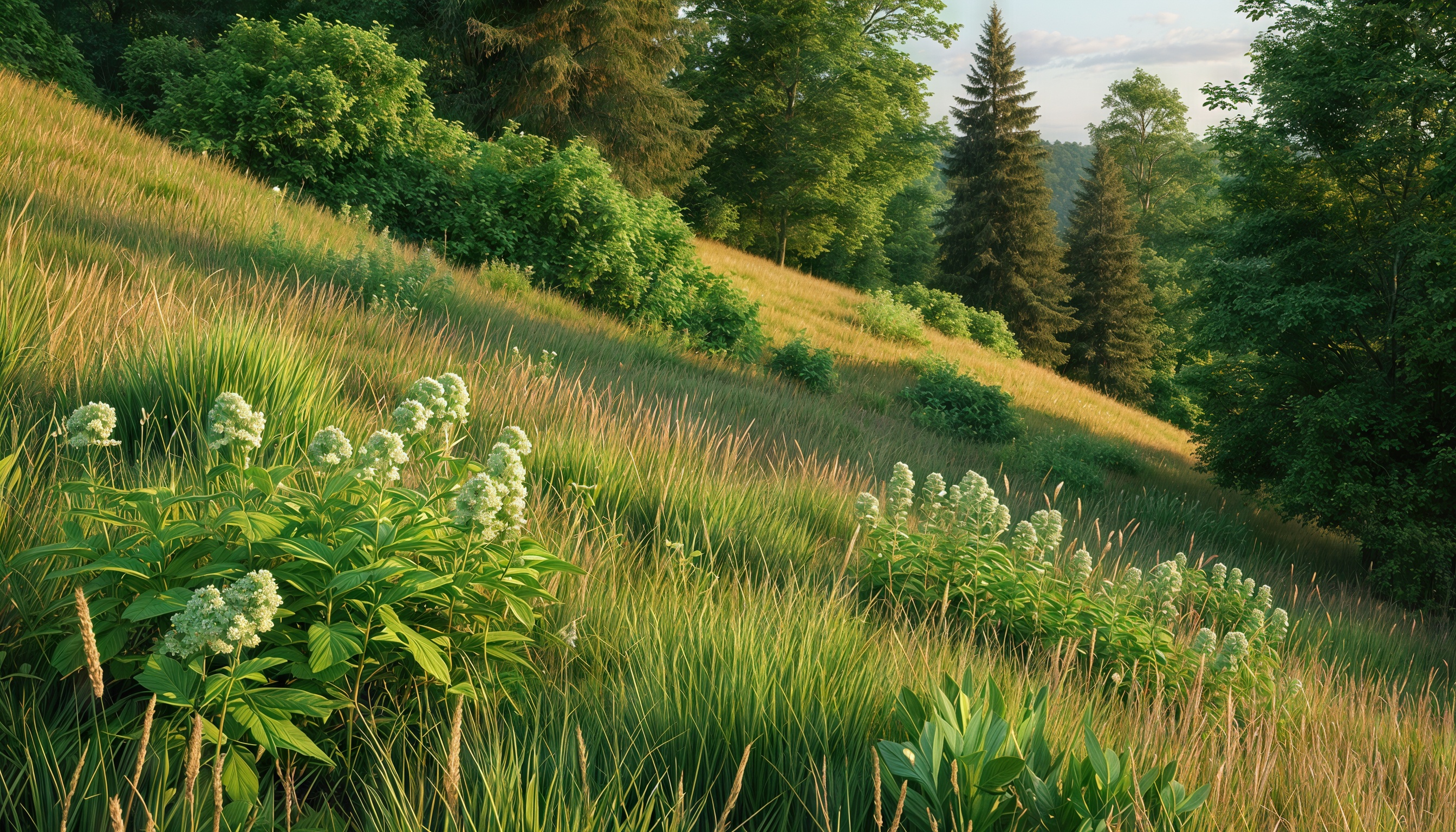 Бесплатное фото Зелёный холм с цветами и деревьями на фоне ясного неба.