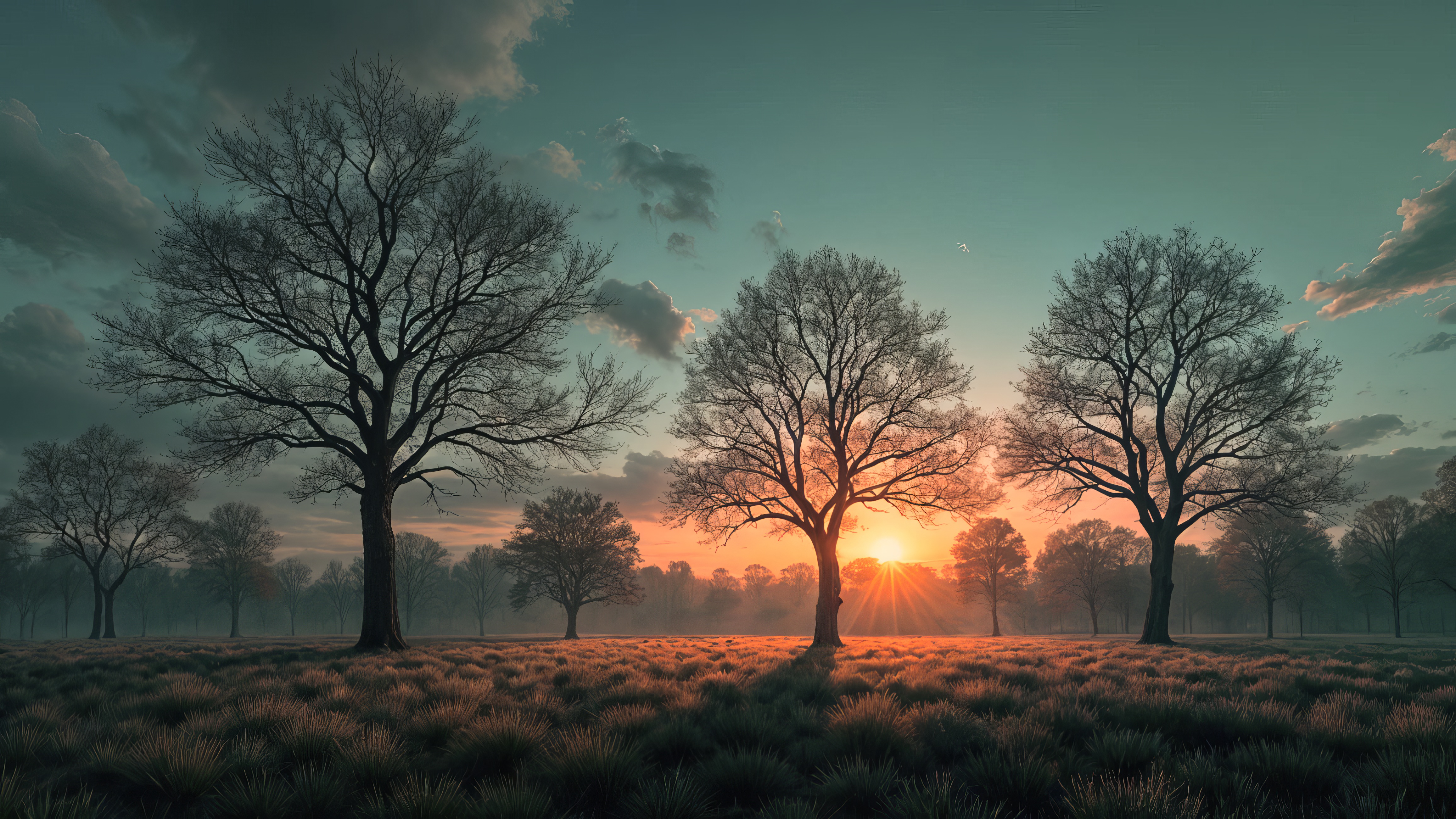 Бесплатное фото Красивый закат на травянистом участке с деревьями