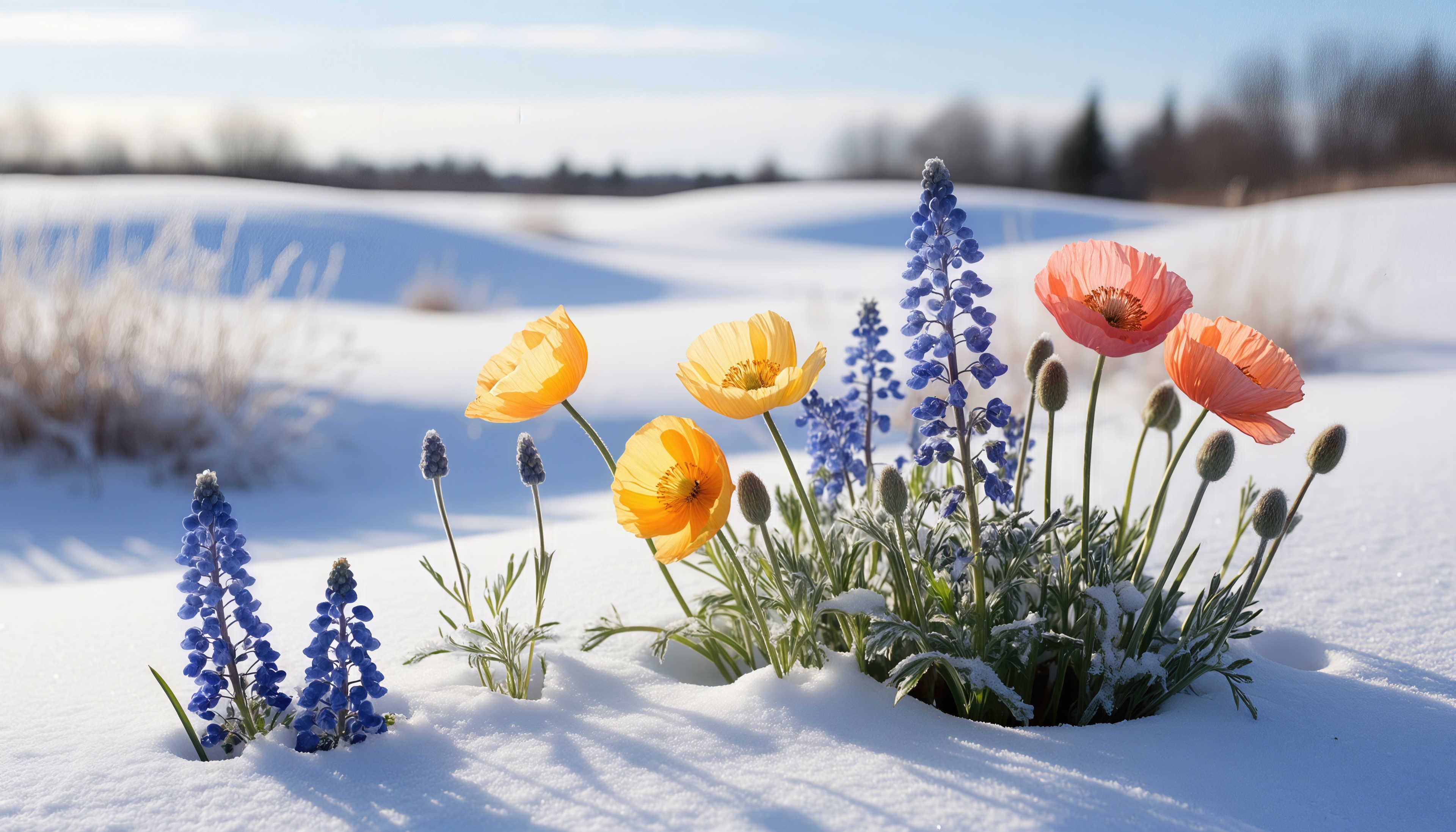 Free photo Bright flowers break through the snow cover, meeting the first rays of spring.