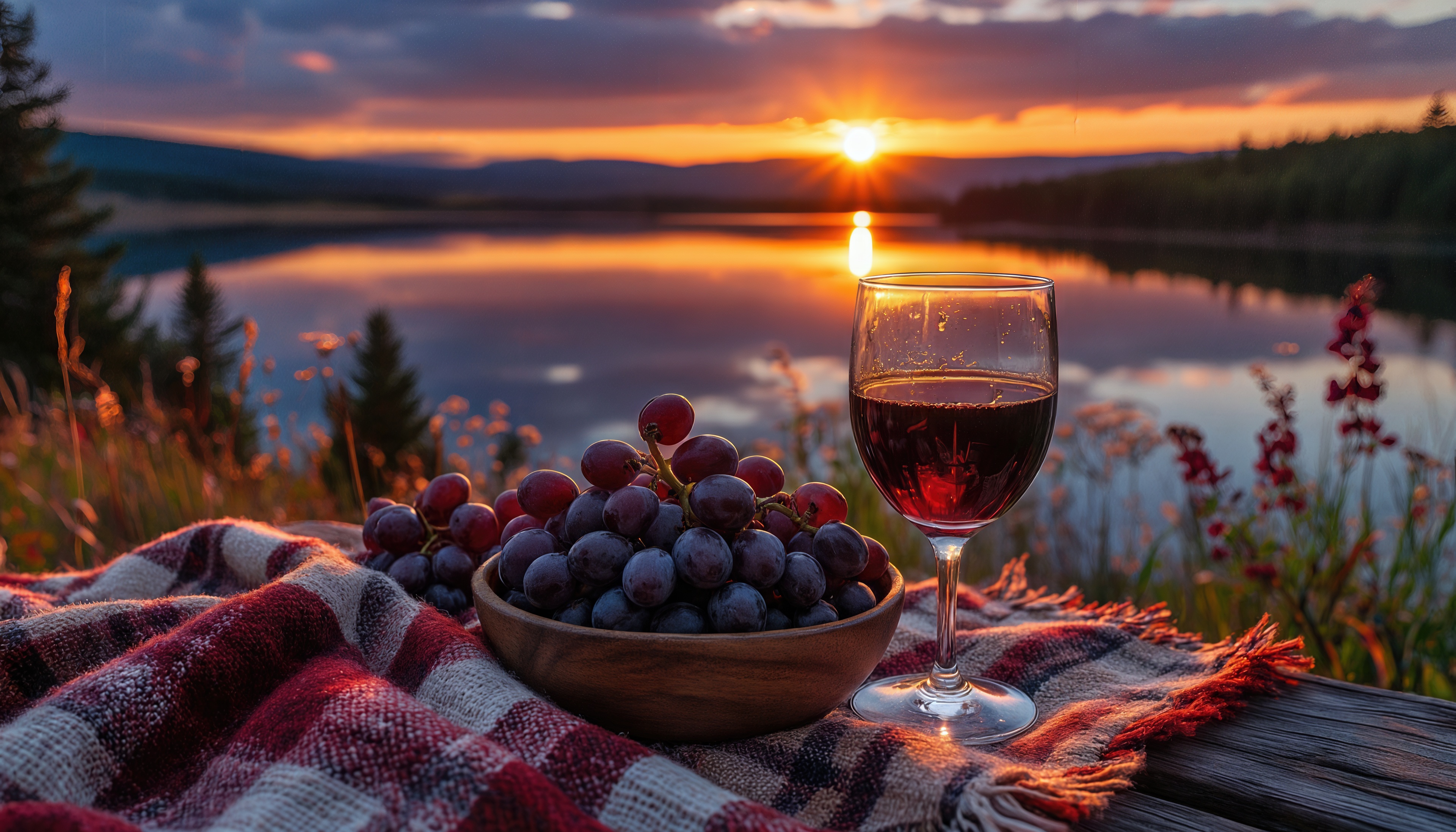 Бесплатное фото Бокал красного вина и гроздь винограда на пледе на фоне закатного озера.