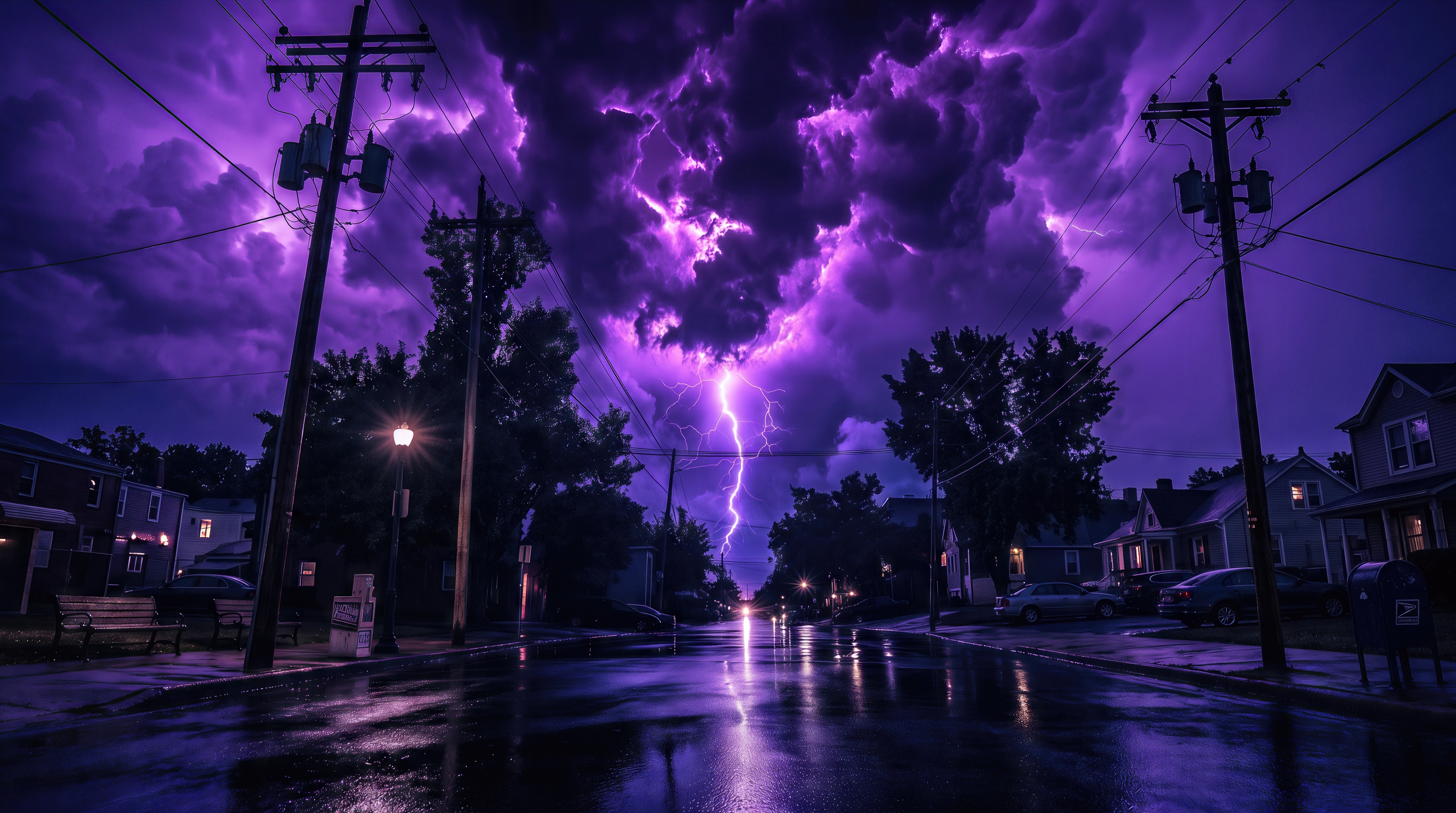 Free photo A cinematic view of a night street at dusk under the impact of bright electric lightning.