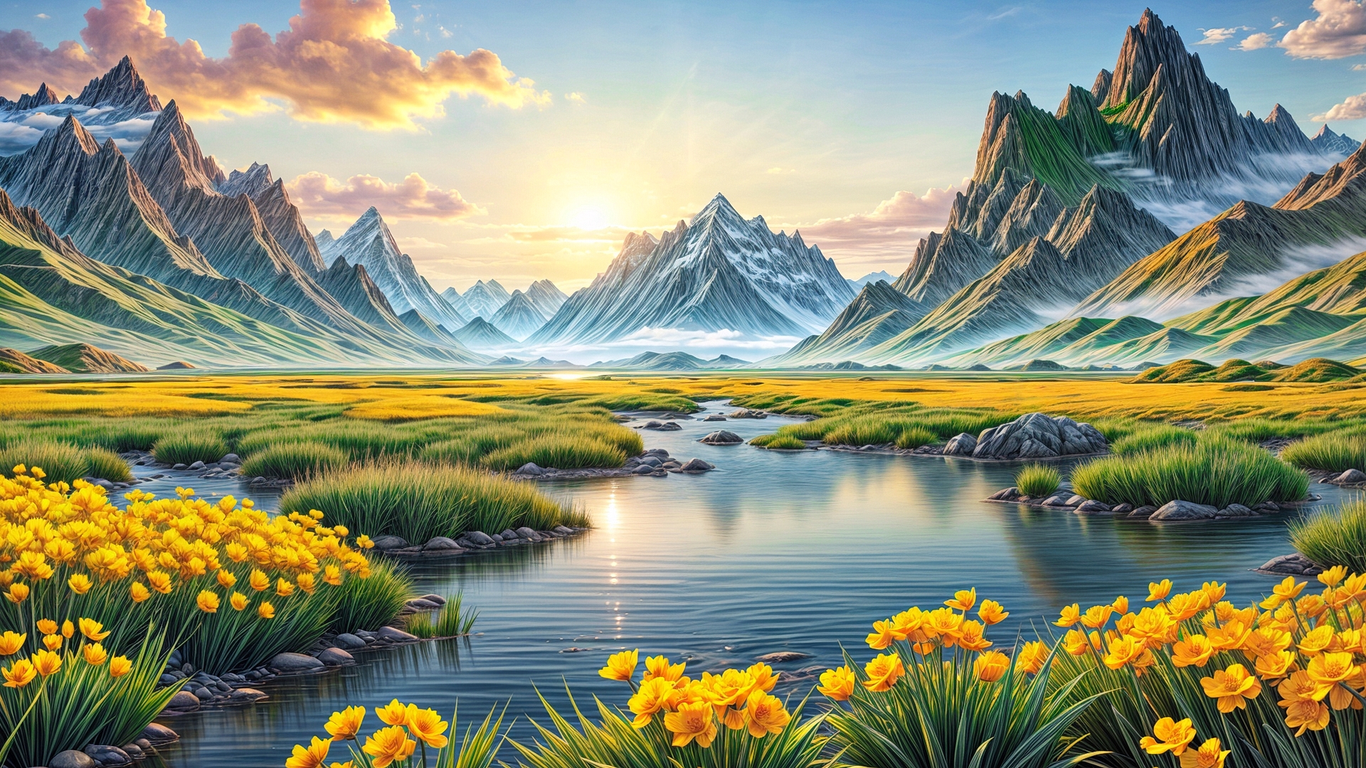 Бесплатное фото Красивый горный пейзаж и желтые цветы
