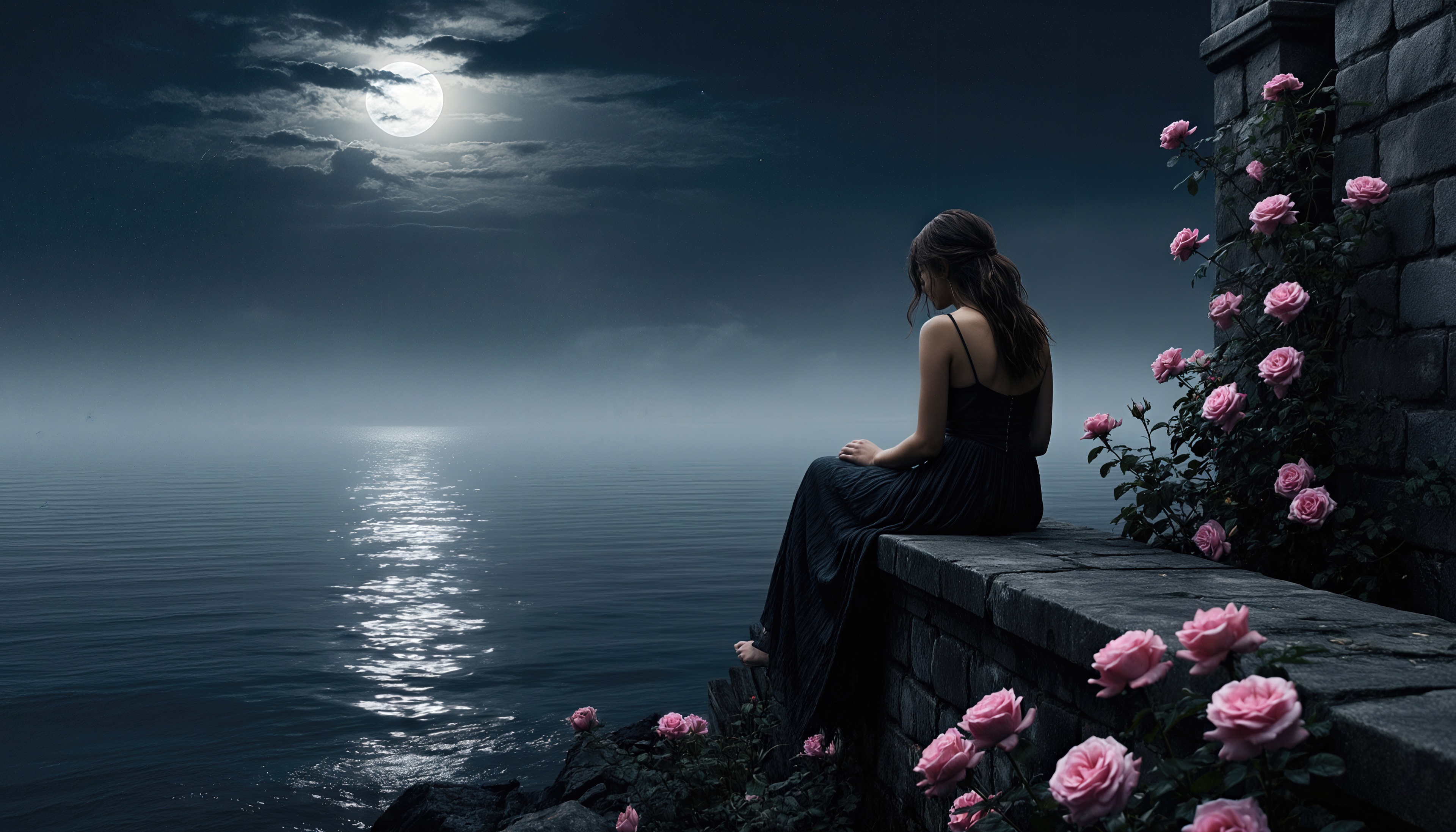 Бесплатное фото Девушка в чёрном платье задумчиво сидит у воды под светом полной луны, окружённая розами.