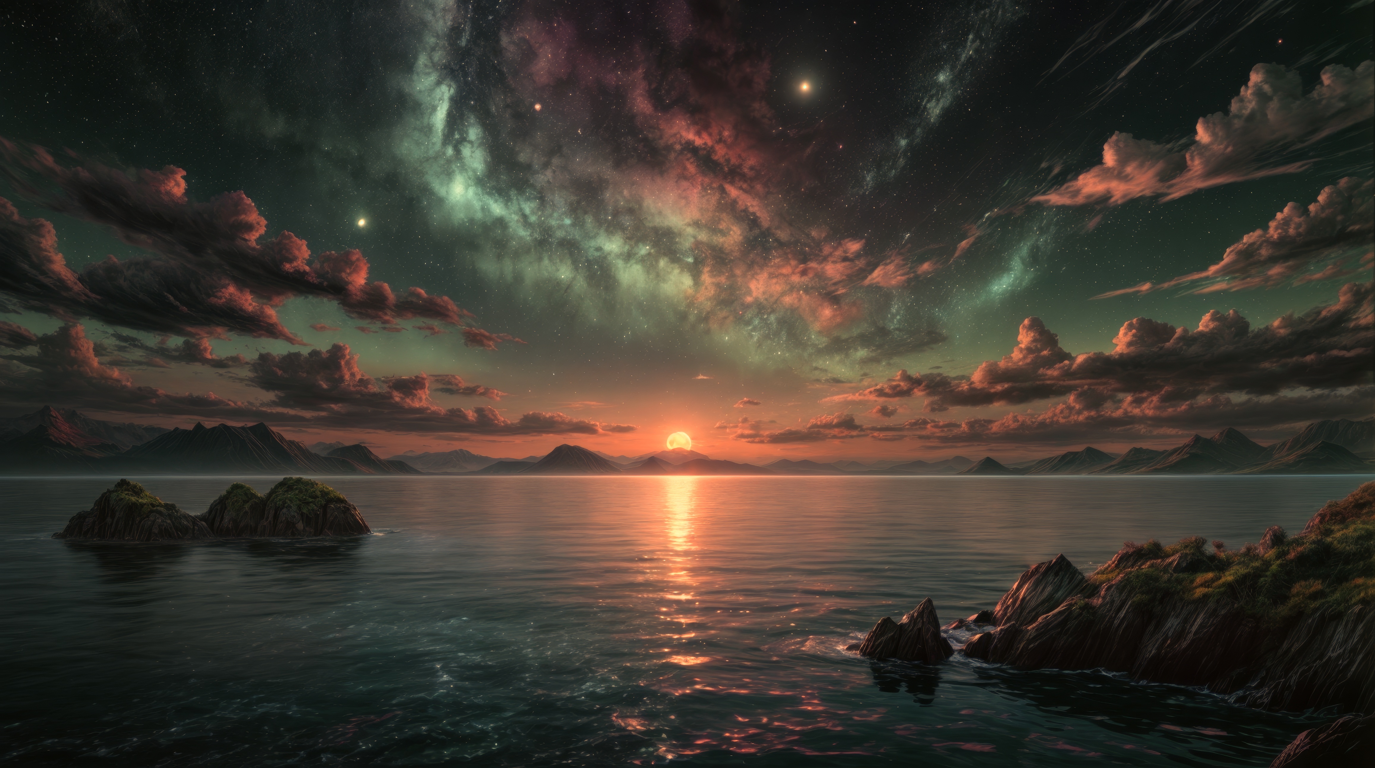 Ночное небо в красочной фантастической сцене со звездами, облаками, солнцем и плавучим островом