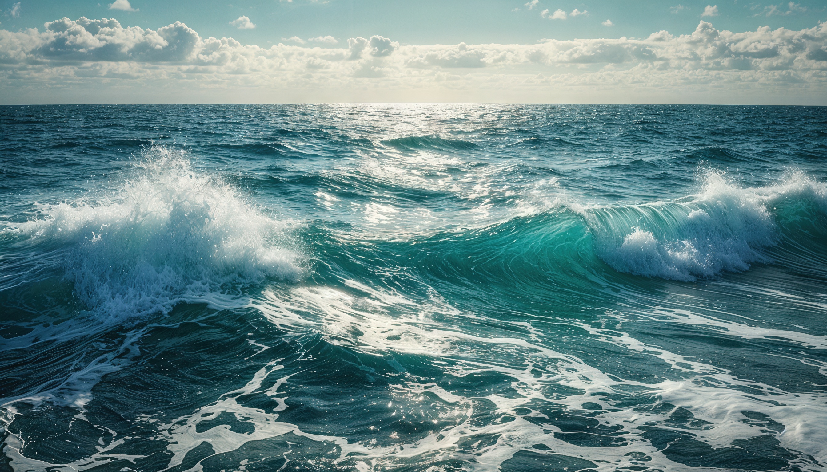 Бесплатное фото Морской пейзаж с волнами, разбивающимися о берег, под ясным небом с облаками.