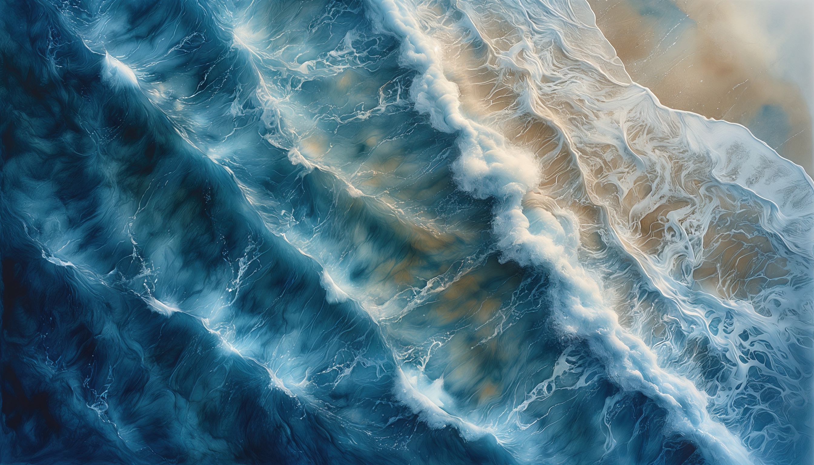 Абстрактное изображение морских волн в синих, белых и коричневых тонах.