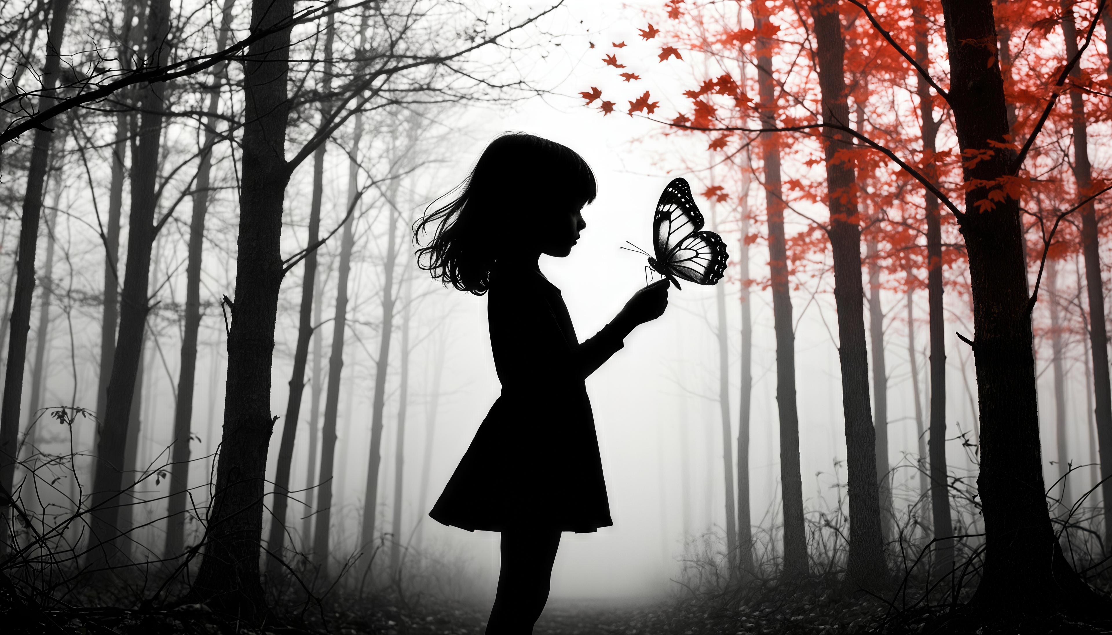 Бесплатное фото Силуэт девочки с бабочкой в туманном лесу.
