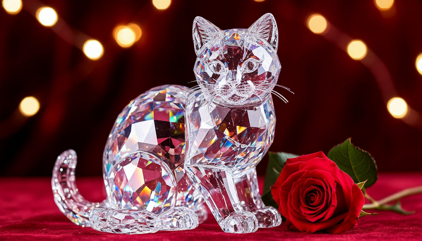 Бесплатная открытка Шикарный праздничный кот из хрусталя дарит всем цветочек.
