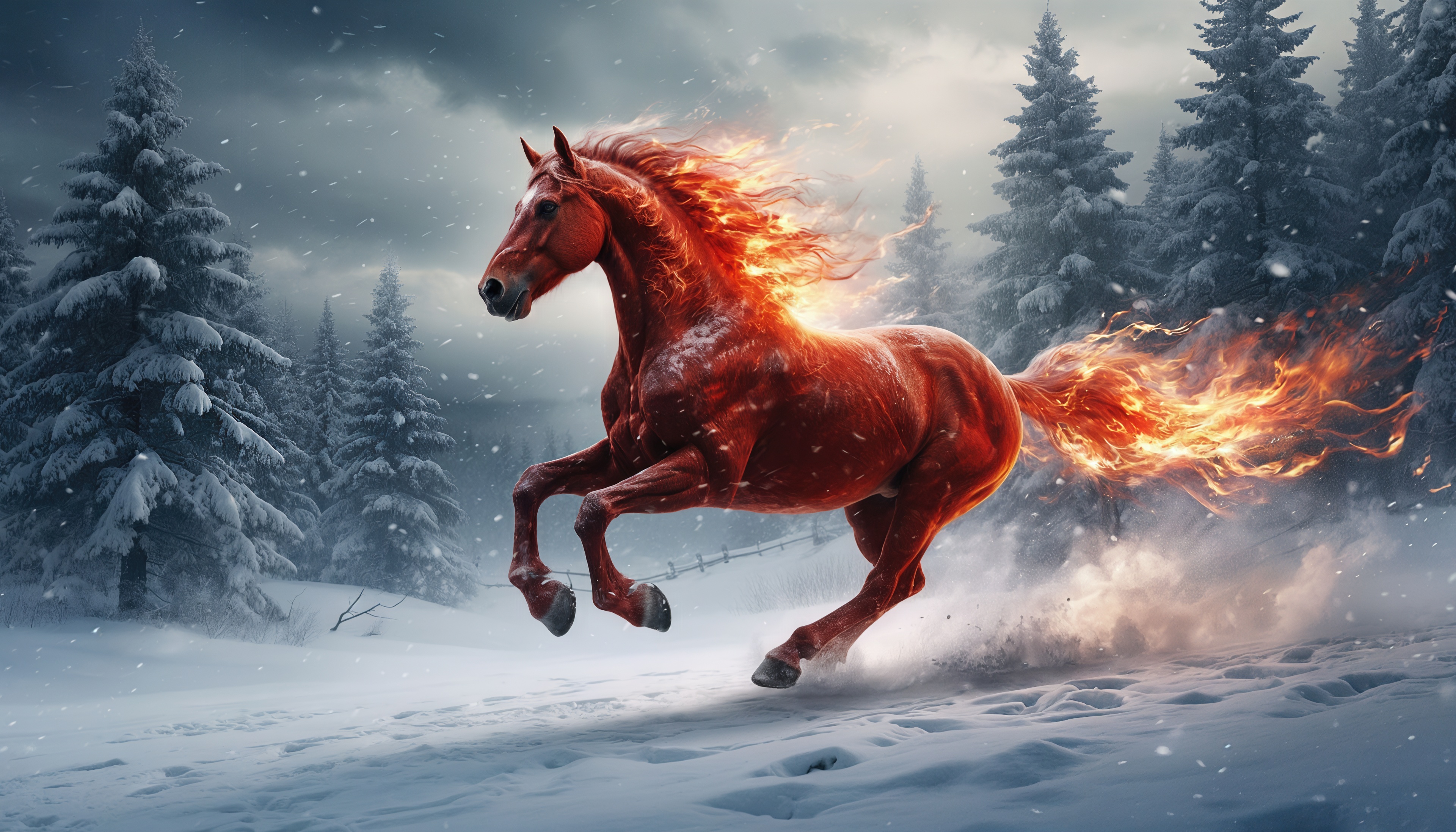 Бесплатное фото Огненная лошадь мчится сквозь зимний лес, разрывая тишину метели.