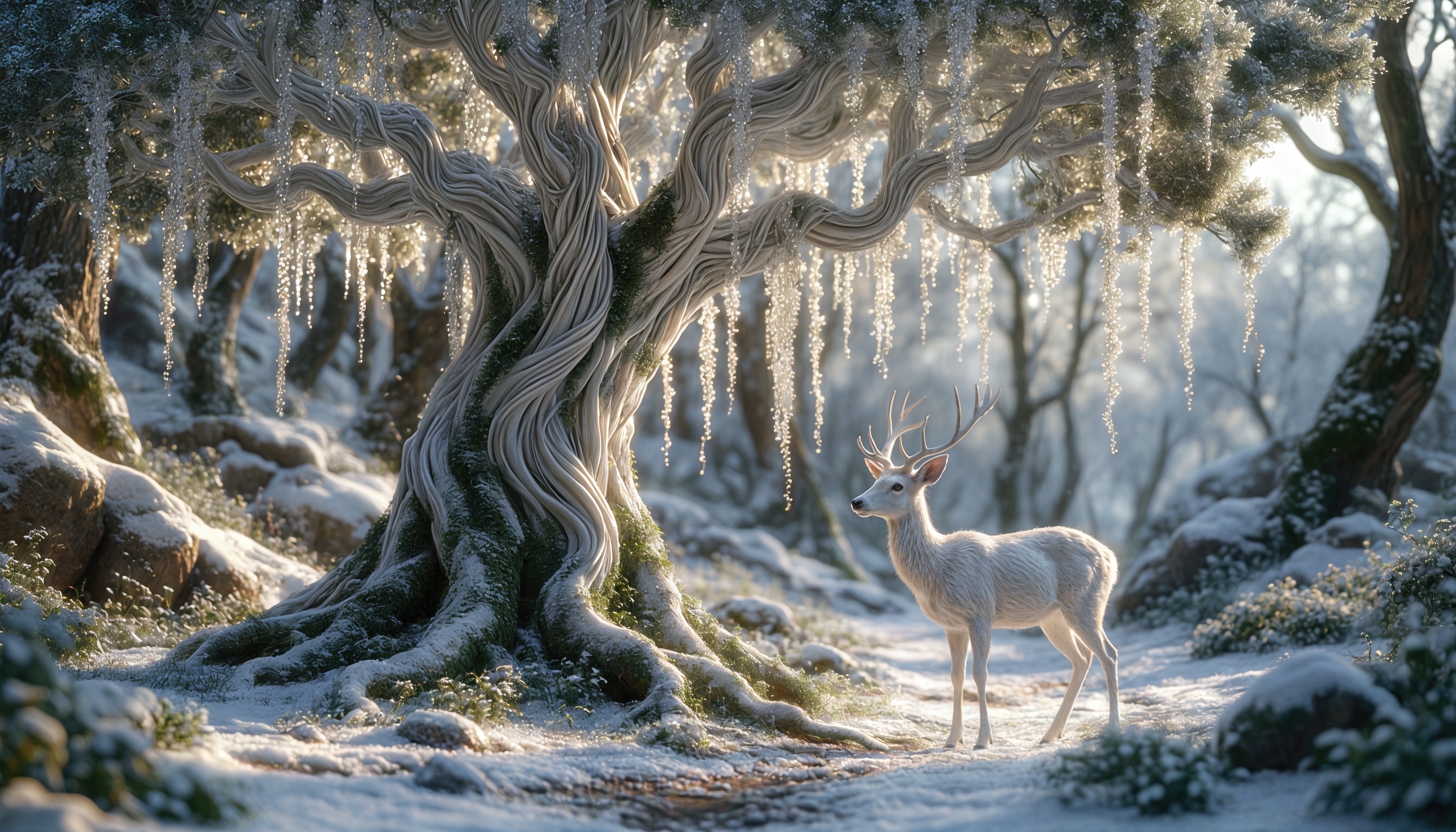 Бесплатное фото Олень стоит в заснеженном лесу, освещенном мягким светом, создавая волшебную зимнюю атмосферу.