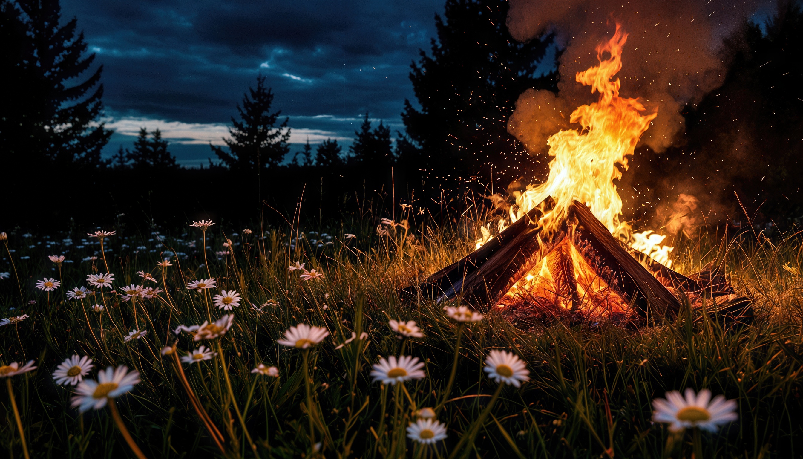 Ночной костер в поле с ромашками.