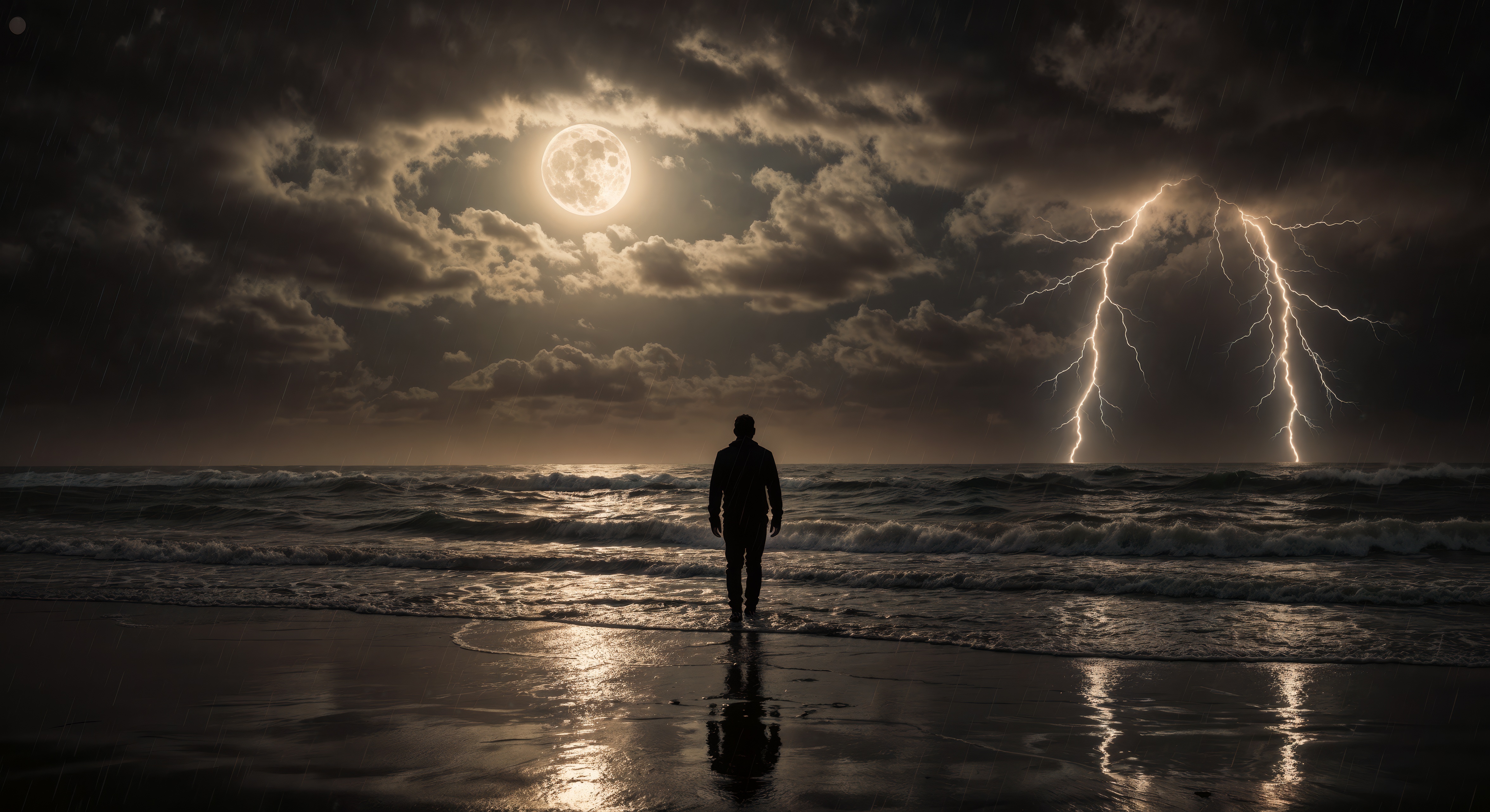 Мужчина на пляже наблюдает за ночным ударом молнии