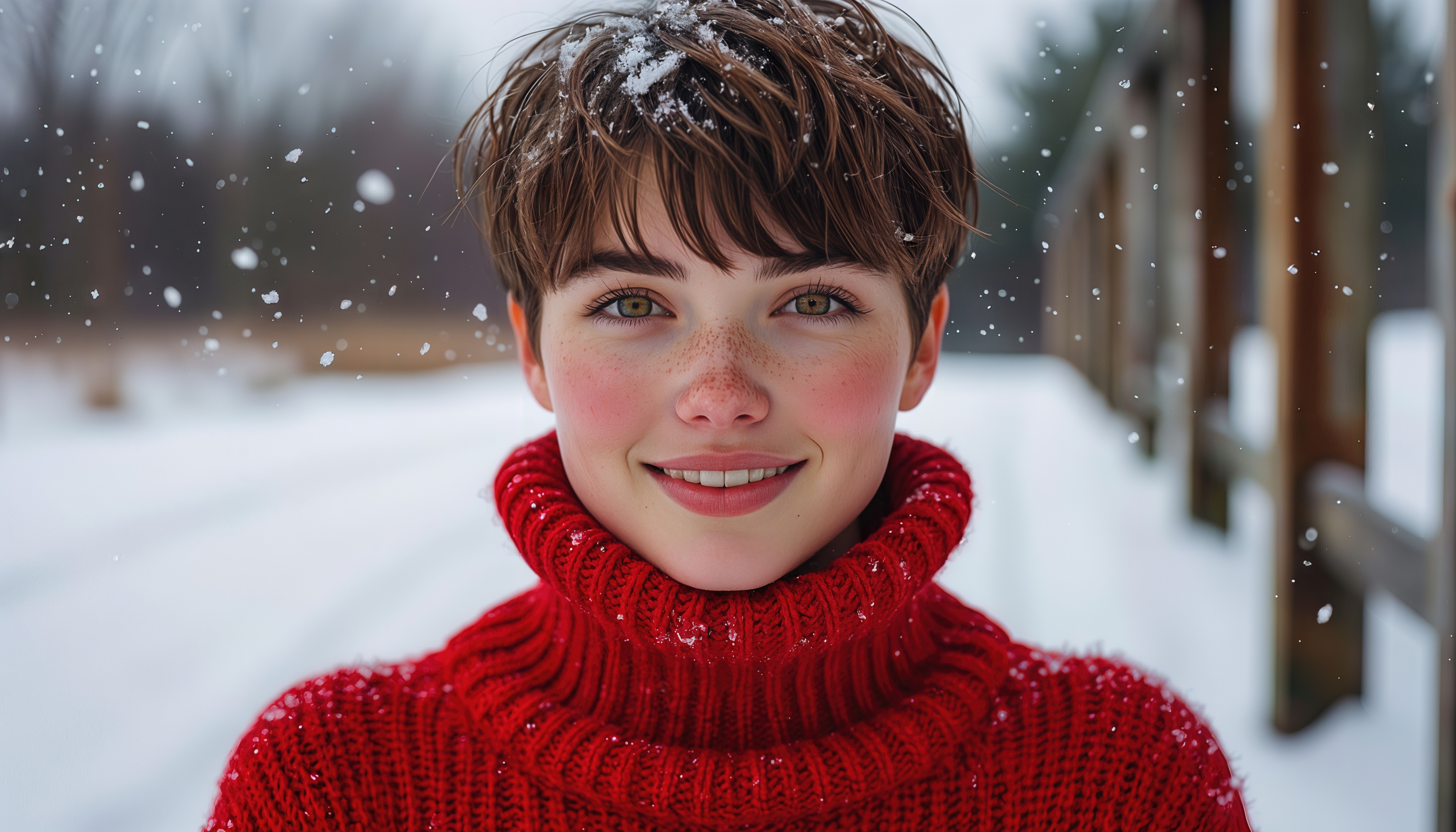 免费照片一个穿着红色毛衣的短发女孩在白雪皑皑的风景中微笑。