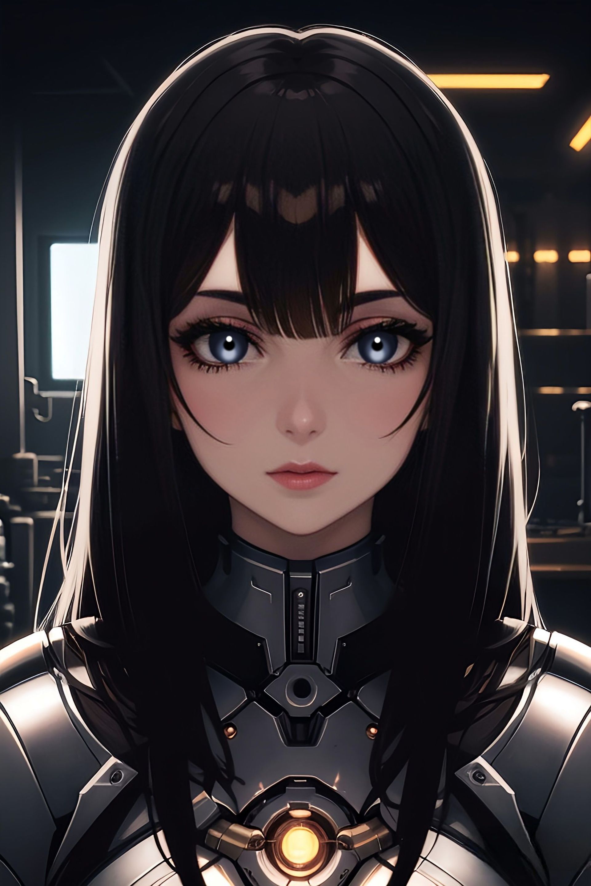 A girl, a robot, with long hair, and gray eyes.