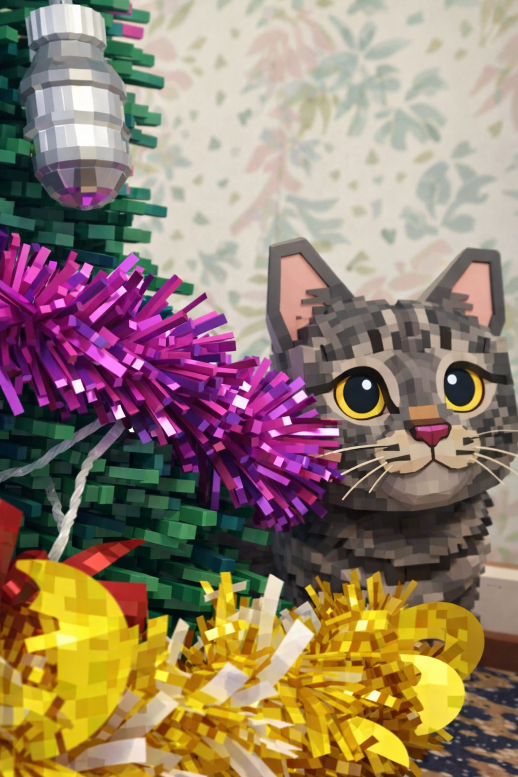 Бесплатная открытка Новогодняя елка и кот.