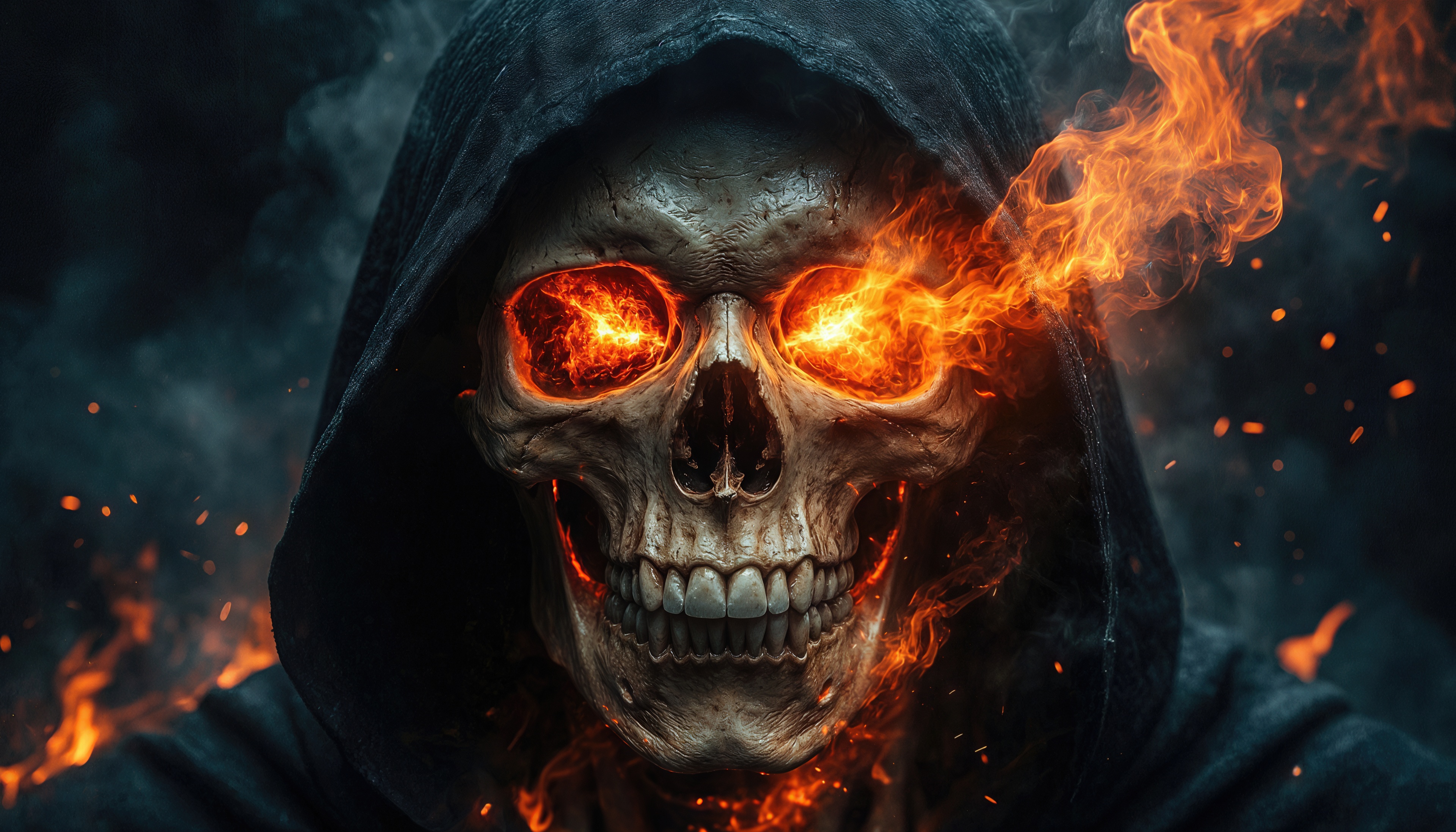 Wallpapers skull hood flame on the desktop