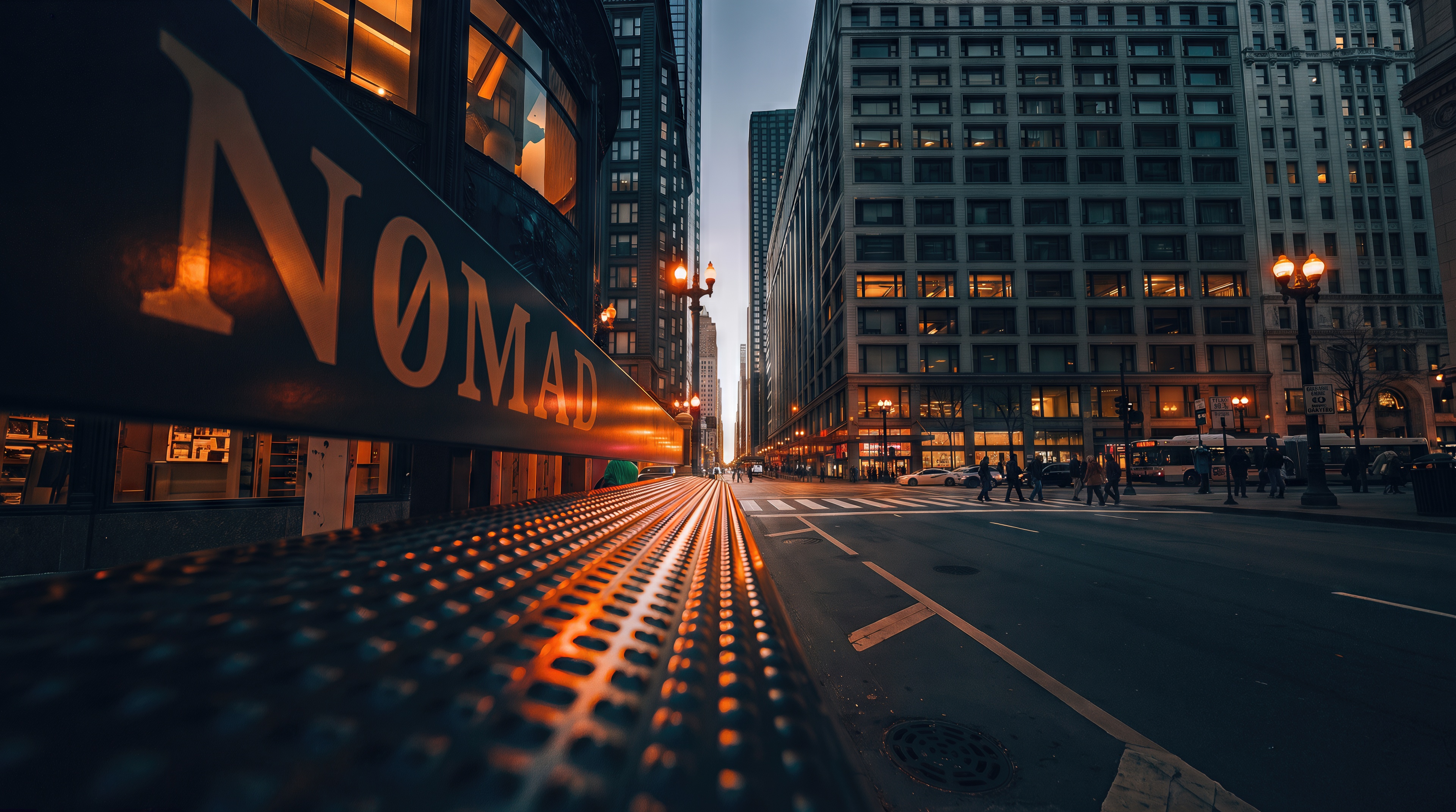 Free photo An urban perspective of twilight street with high-rise buildings, street lights and stylish dark architectural detail.