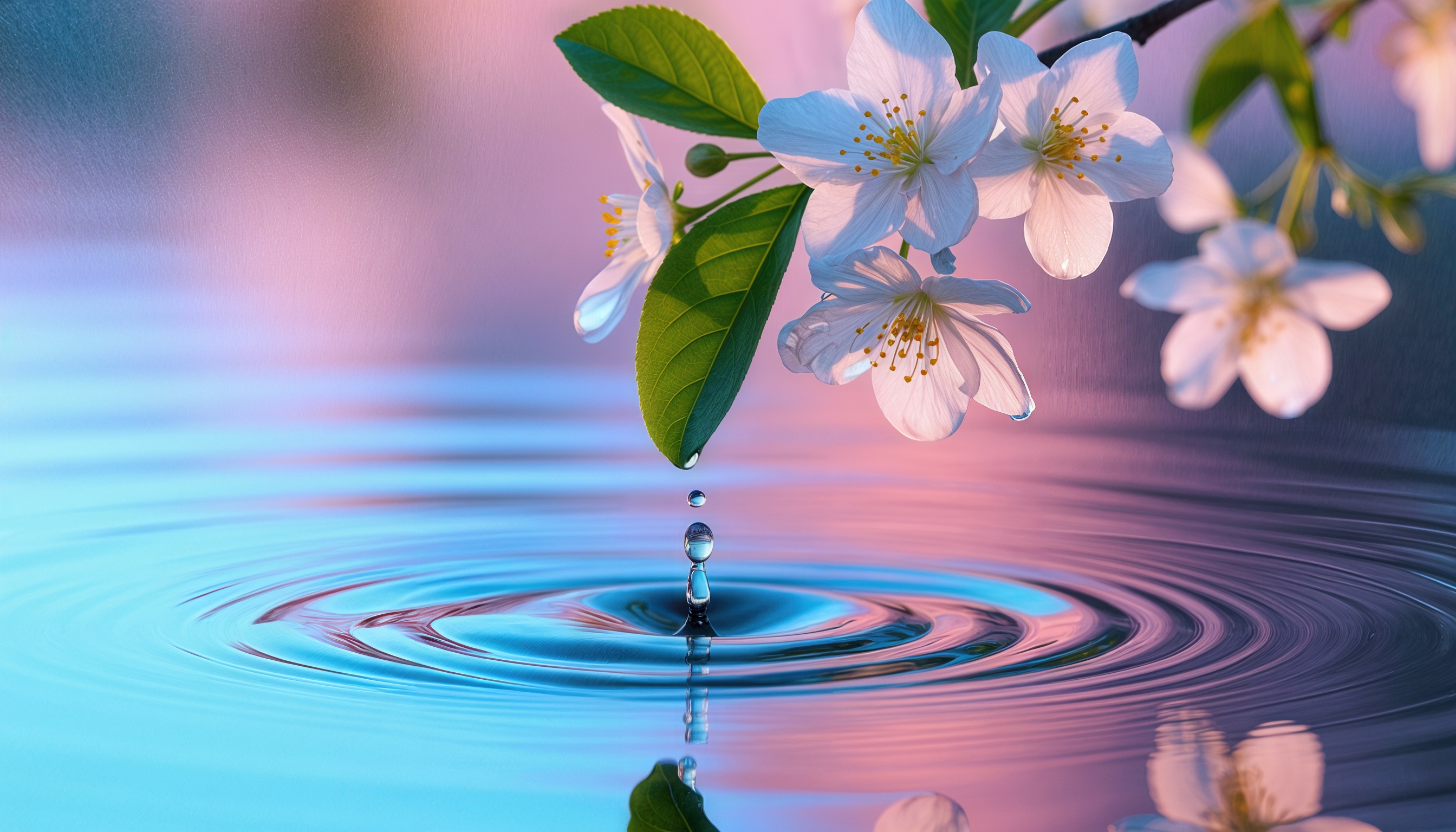 Бесплатное фото Ветка сакуры с цветами, отражающимися в воде, с каплей, падающей на поверхность, создавая круги.