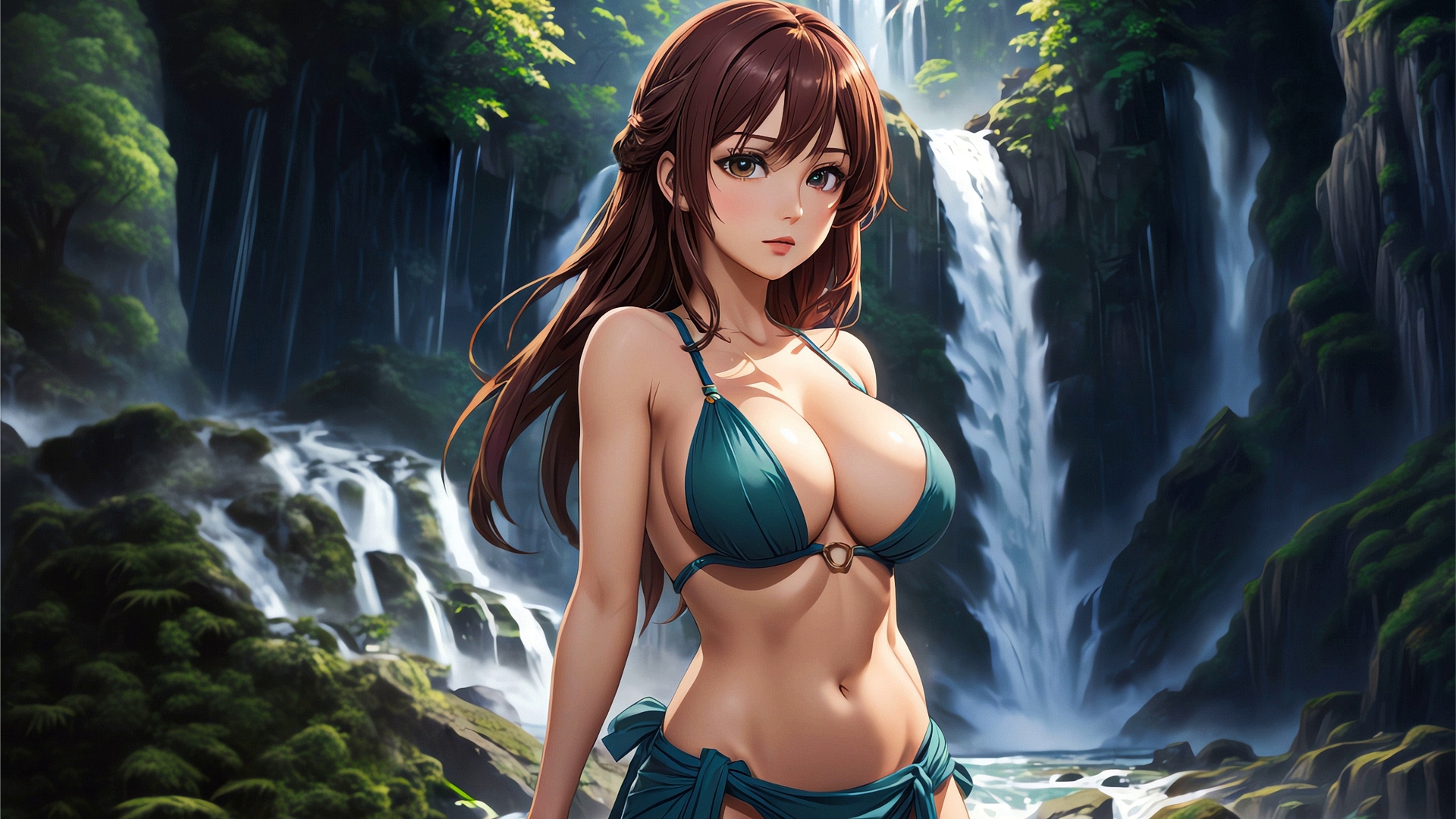 Free photo Drawing of a brown girl in a swimsuit on the background of waterfall