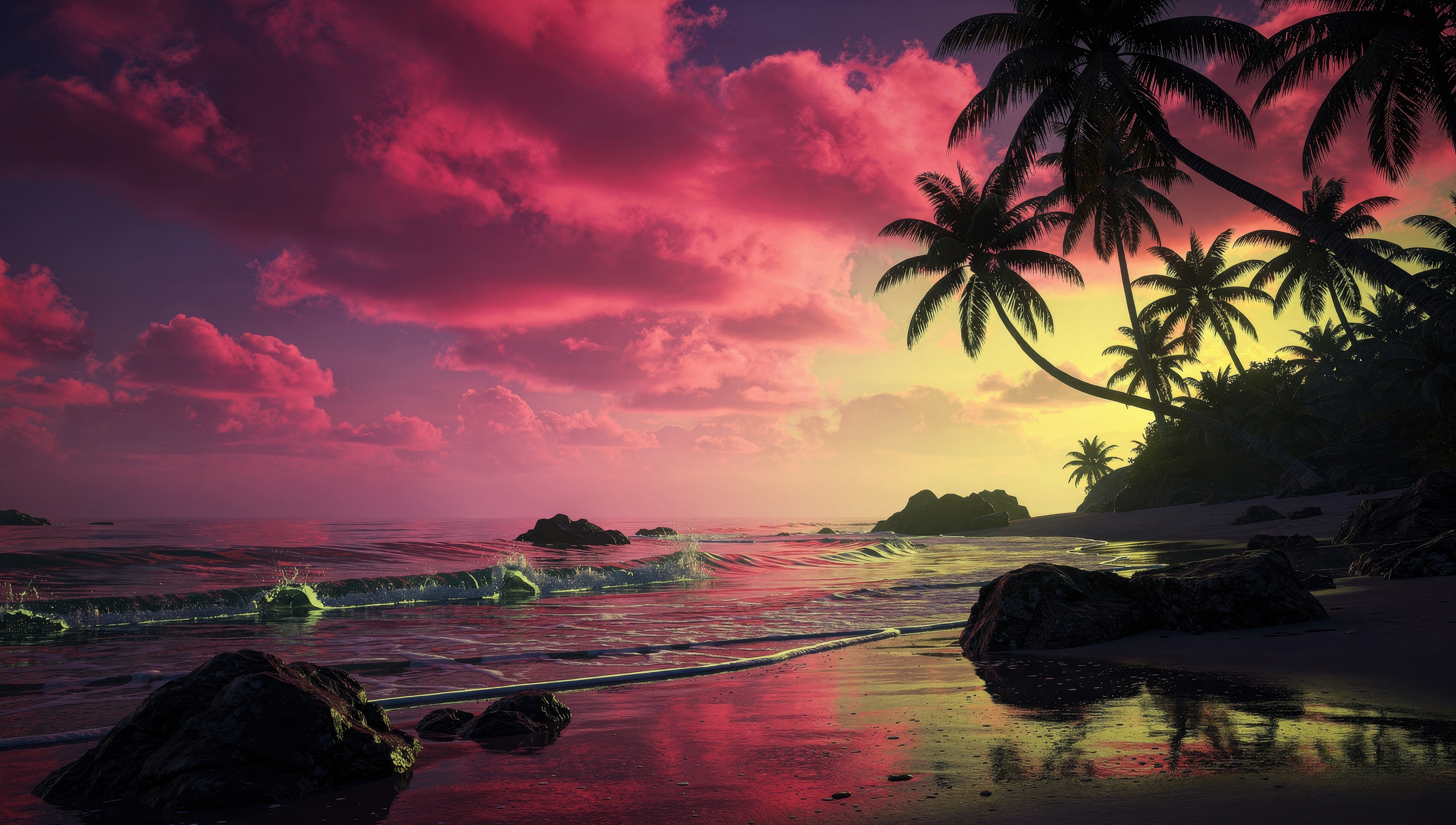 Бесплатное фото Вид с берега на океан со скалами и пальмами