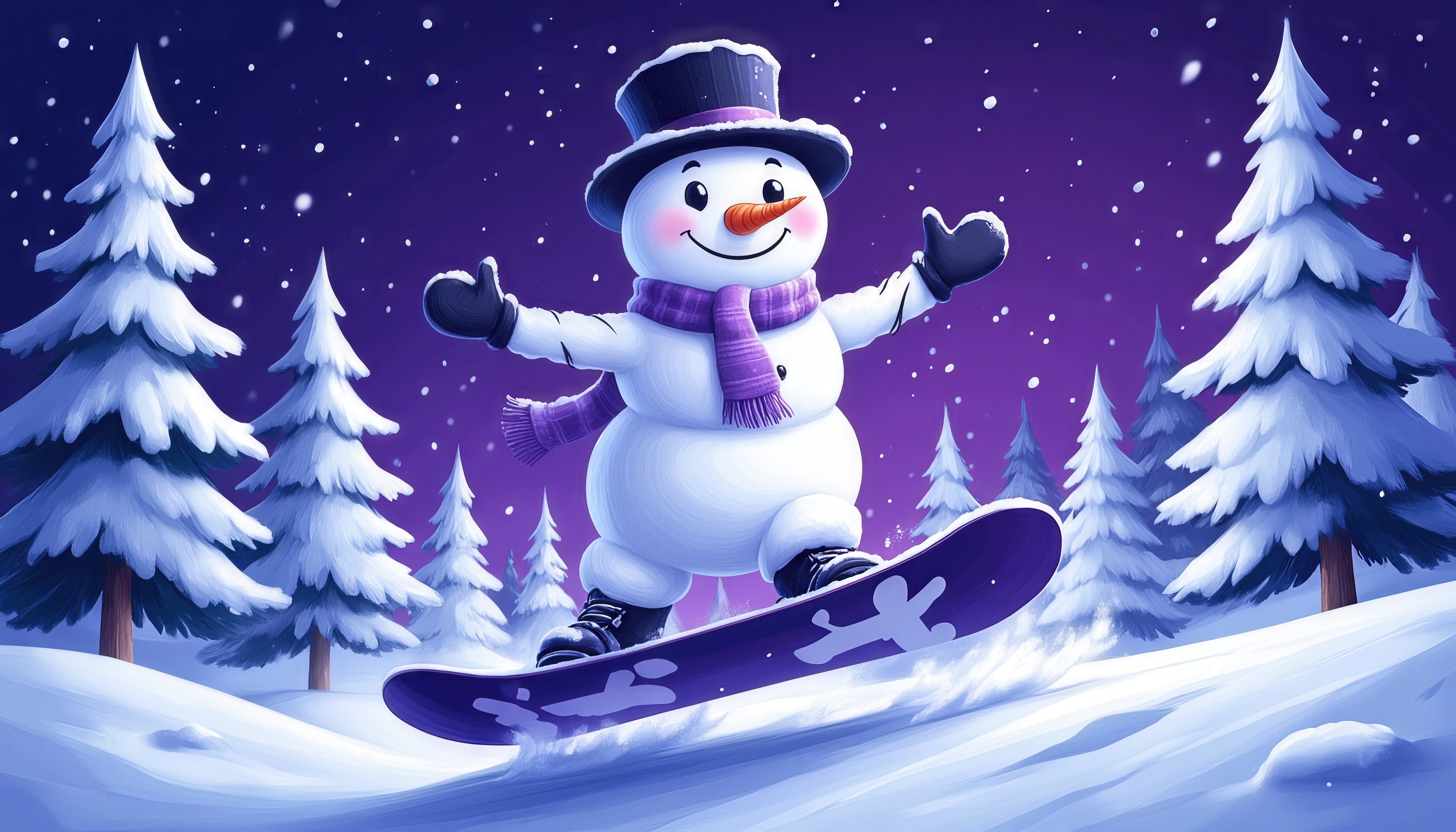 Бесплатное фото Мультяшный снеговик в цилиндре и фиолетовом шарфе весело катается на сноуборде среди заснеженных елей.