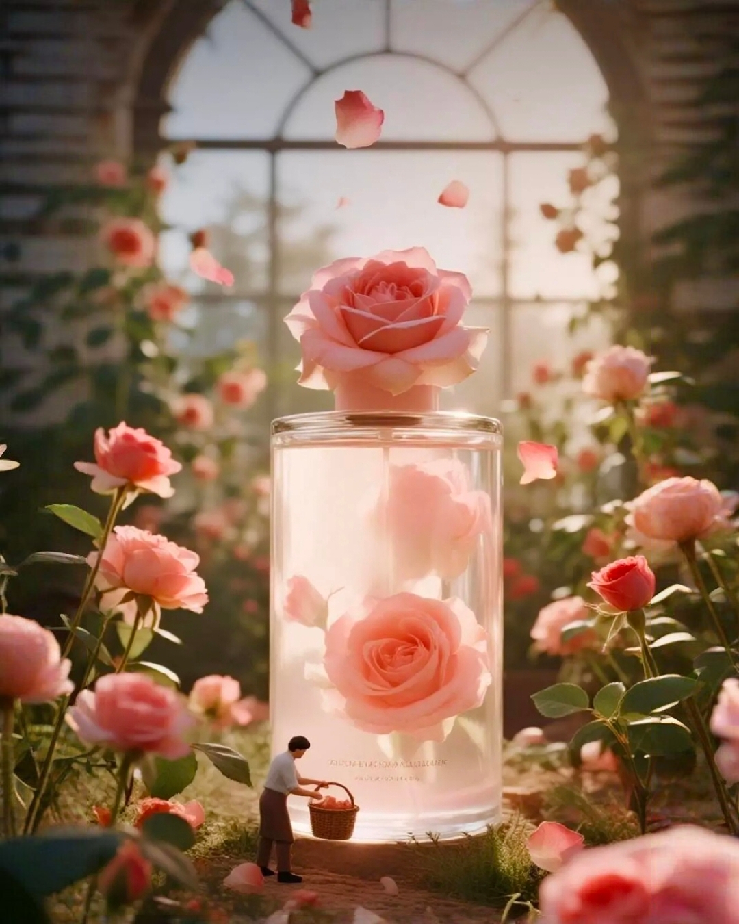 Free photo A conceptual perfume bottle filled with roses