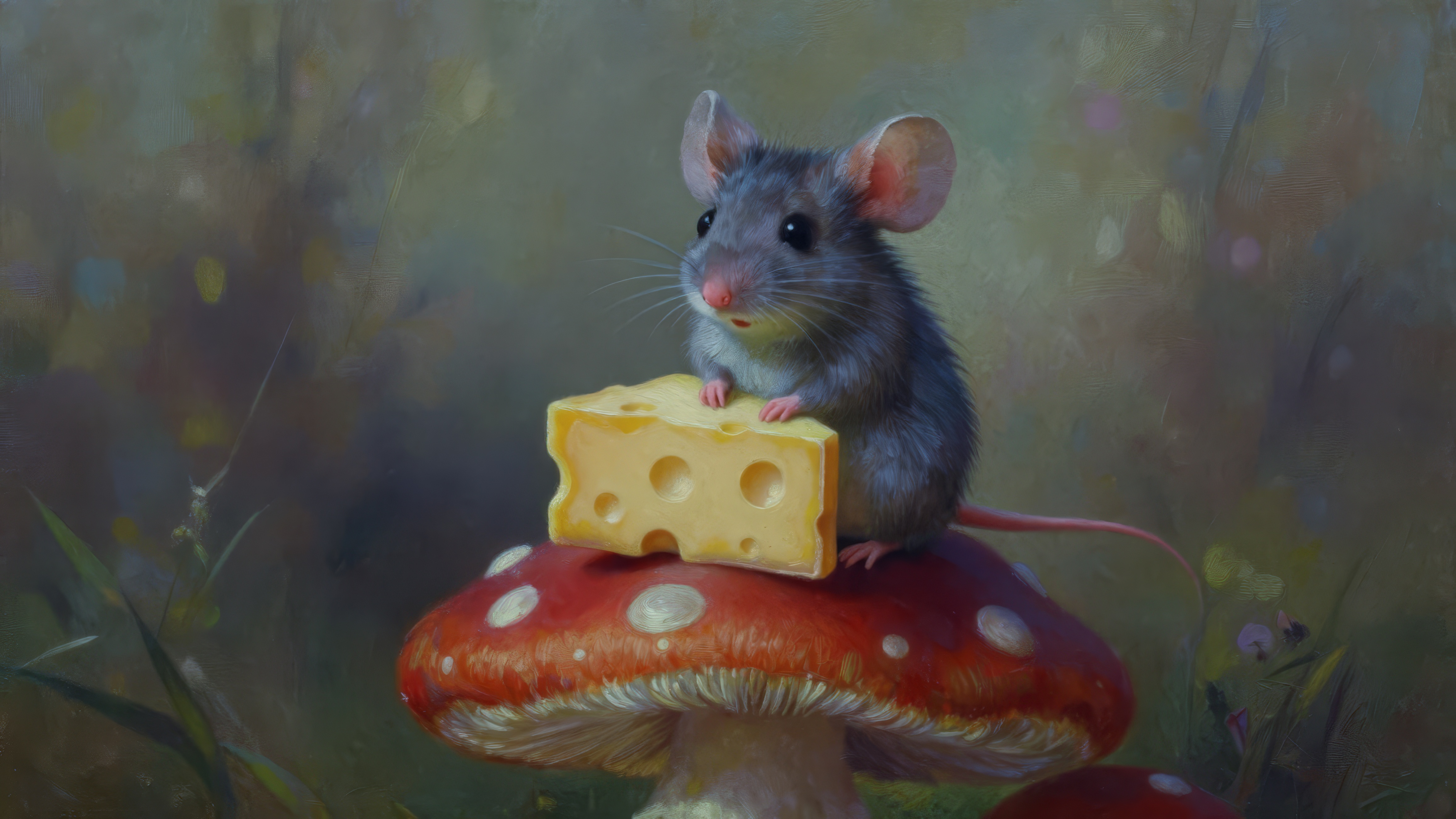 Free photo A painting of a rodent eating a piece of cheese on top of a mushroom