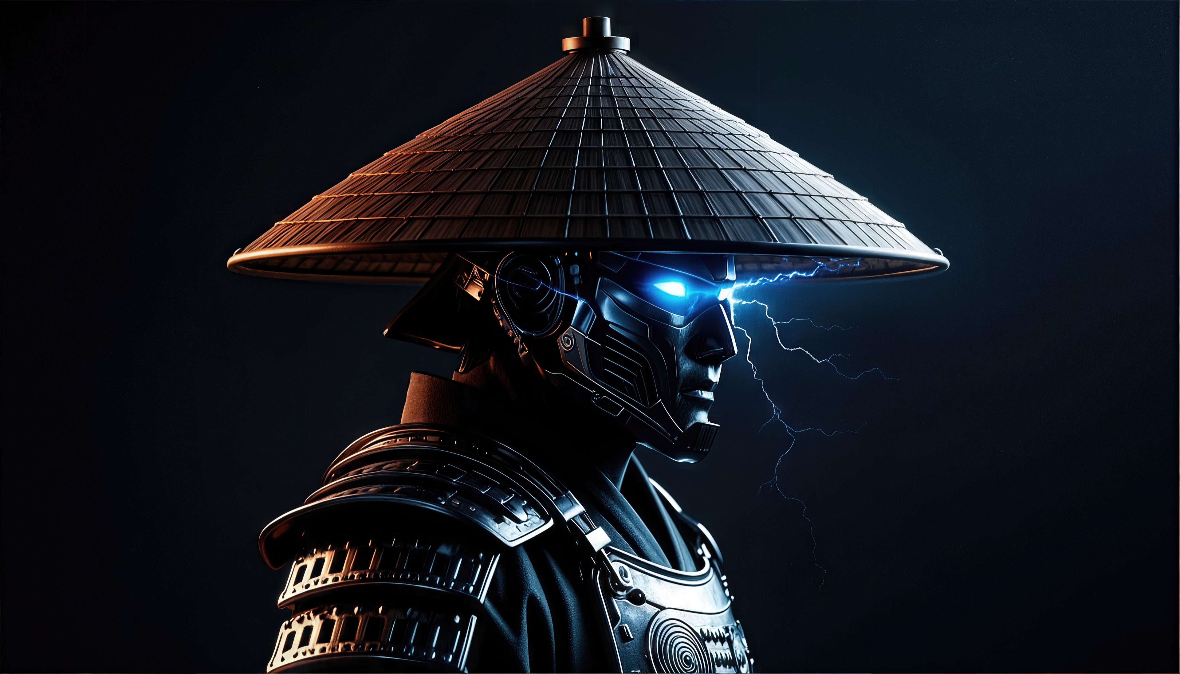 Free photo Cyberpunk art: mechanical warrior Raiden with electric discharges from glowing blue eyes.
