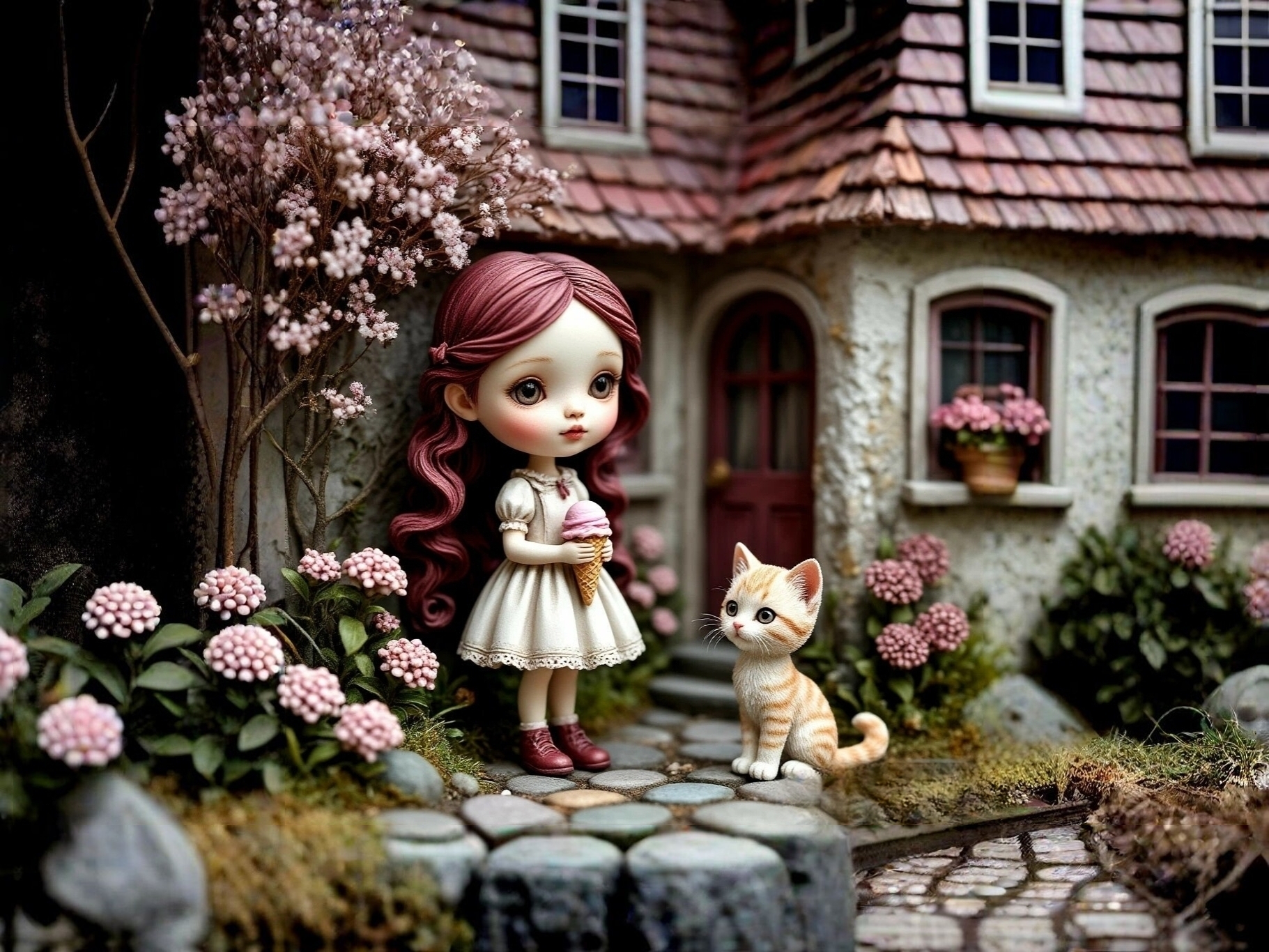 桌面上的壁纸娃娃 房子 鲜花