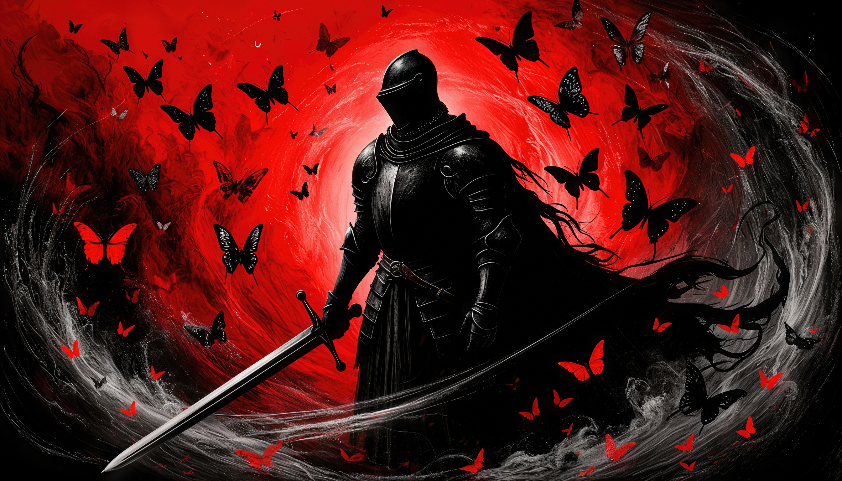 Бесплатное фото Воин в доспехах на фоне красного неба с бабочками.