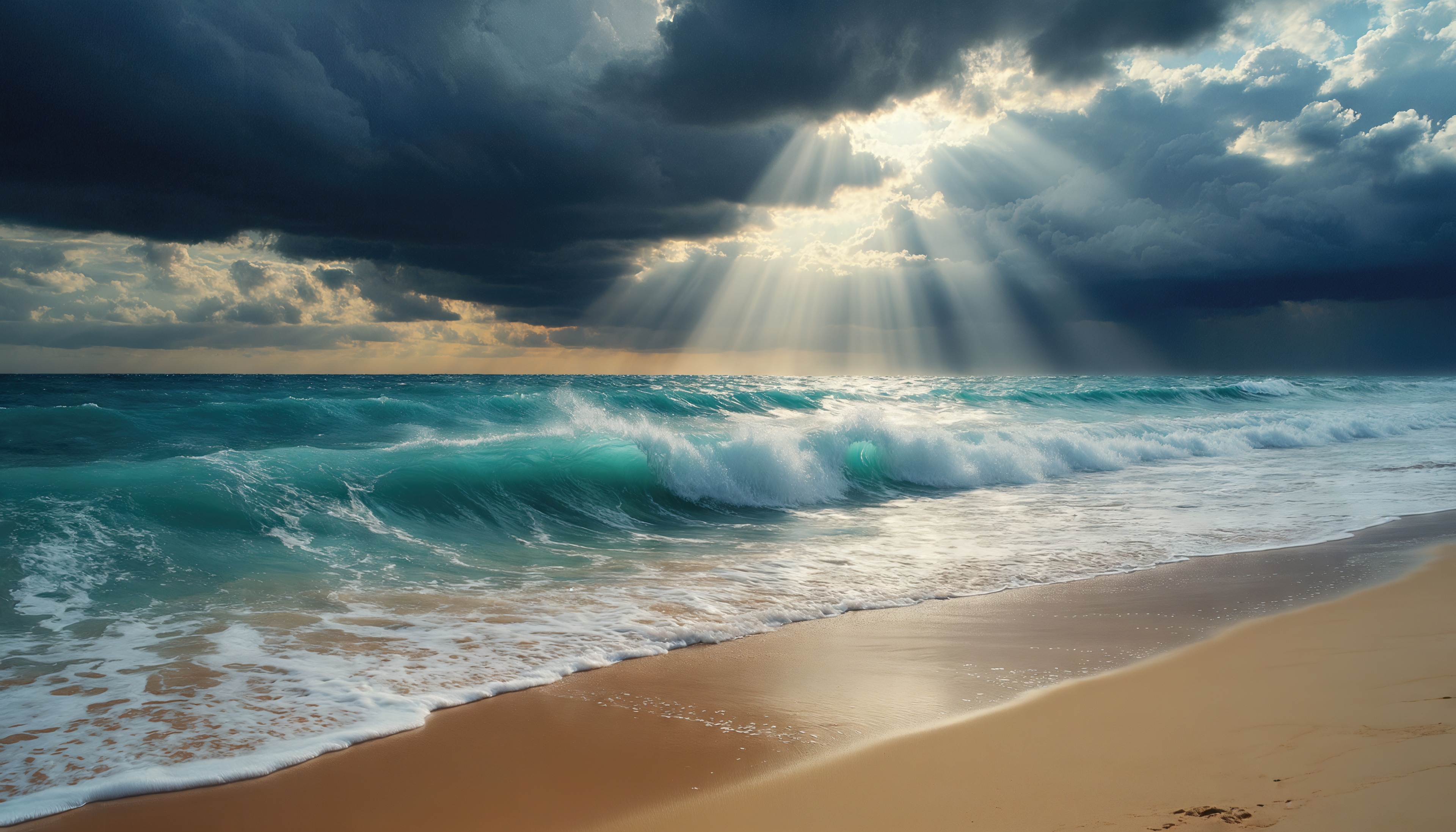 Free photo Powerful turquoise waves rush onto the sandy shore under the rays of the sun breaking through the clouds.