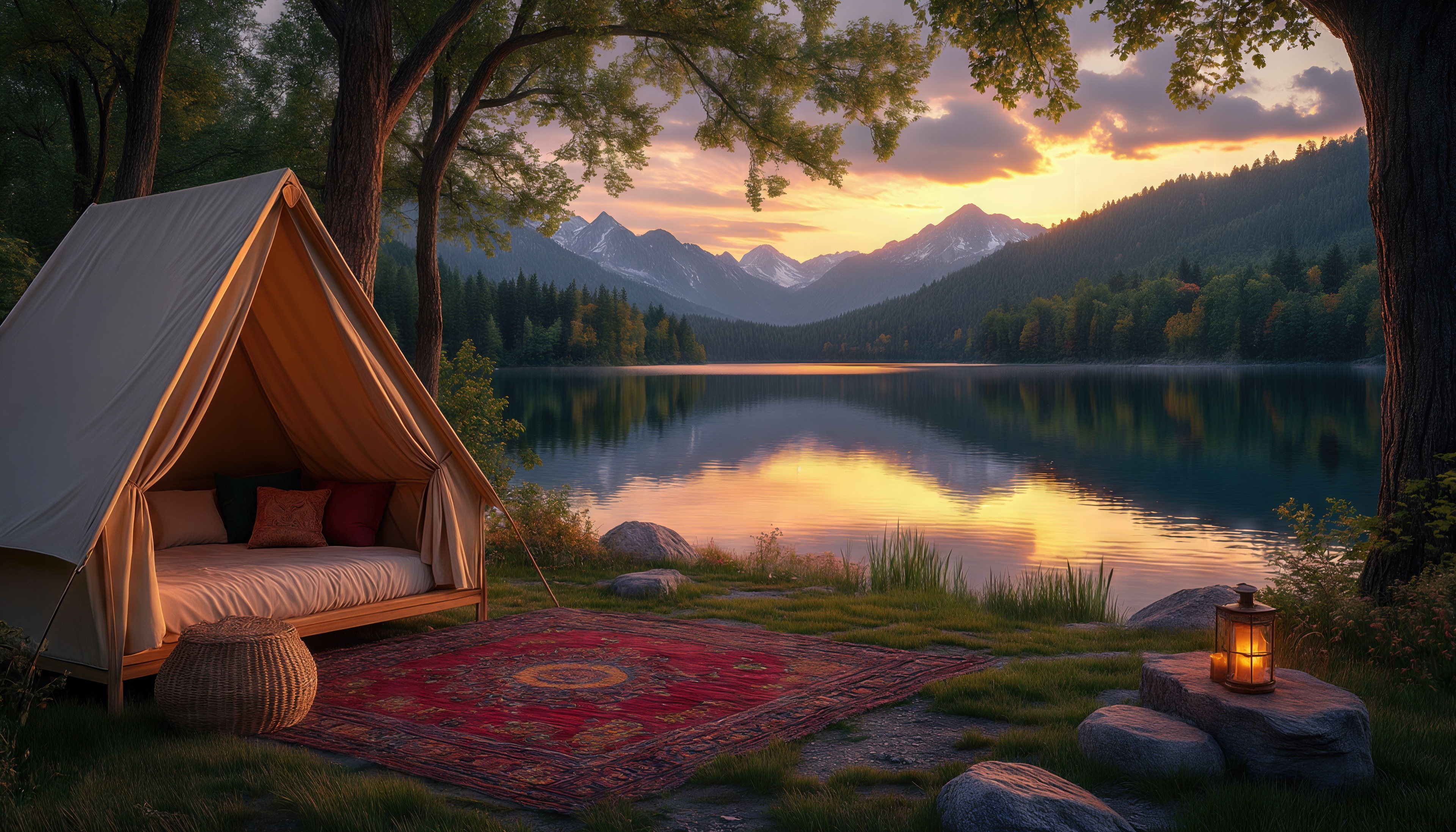 Бесплатное фото Уютная палатка у озера на закате, окружённая горами и лесом.