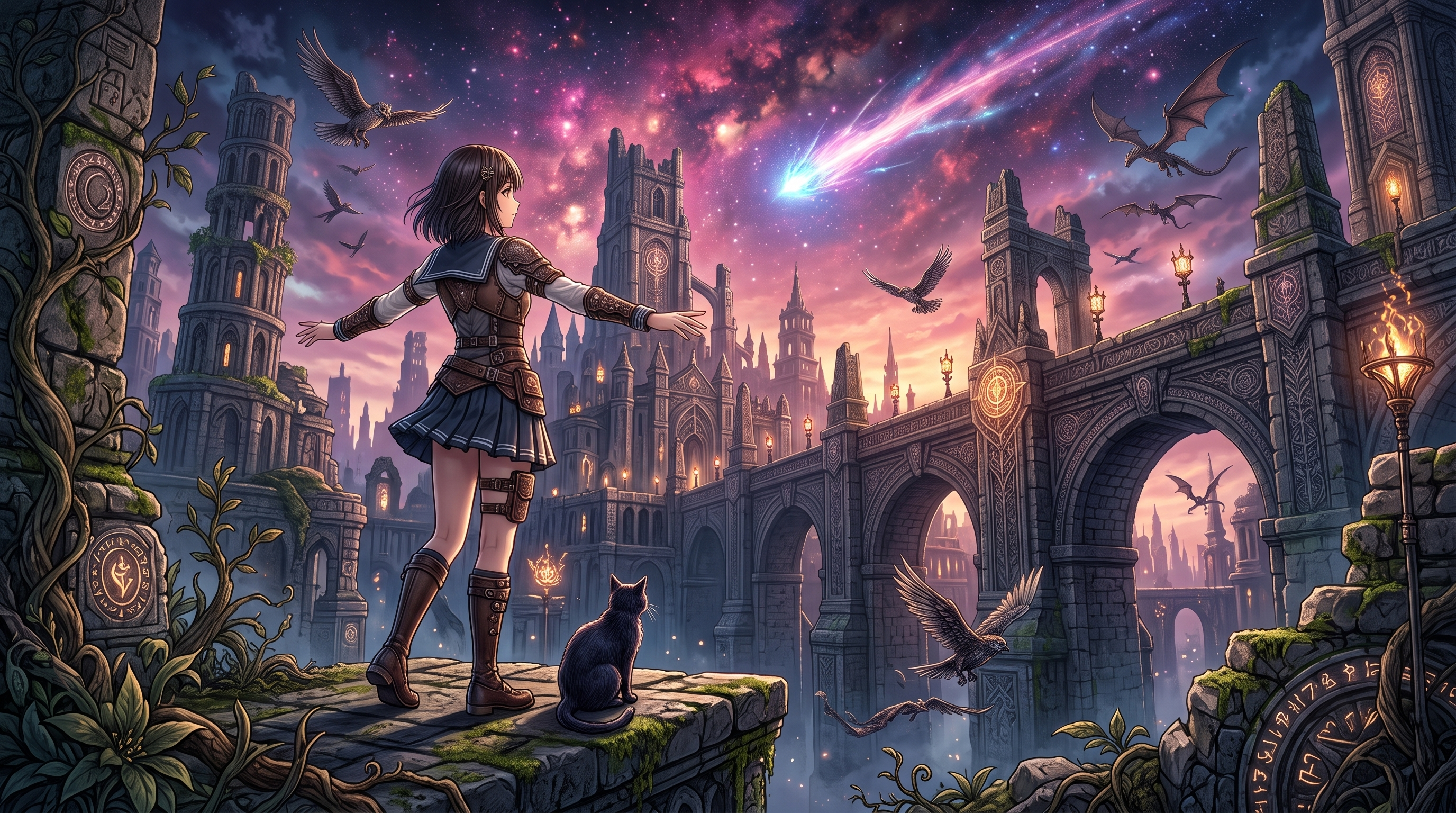 免费照片一个女孩与一只猫看着一颗流星在一个幻想的城市