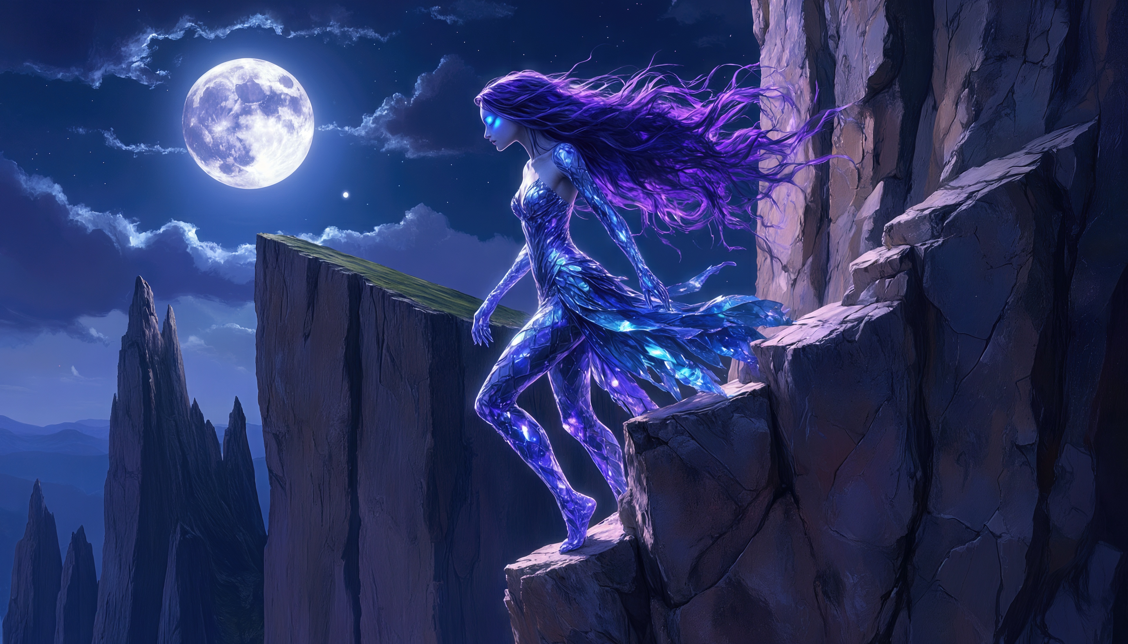 免费照片一个神秘的女孩，紫色的头发走在满月下的岩石上。