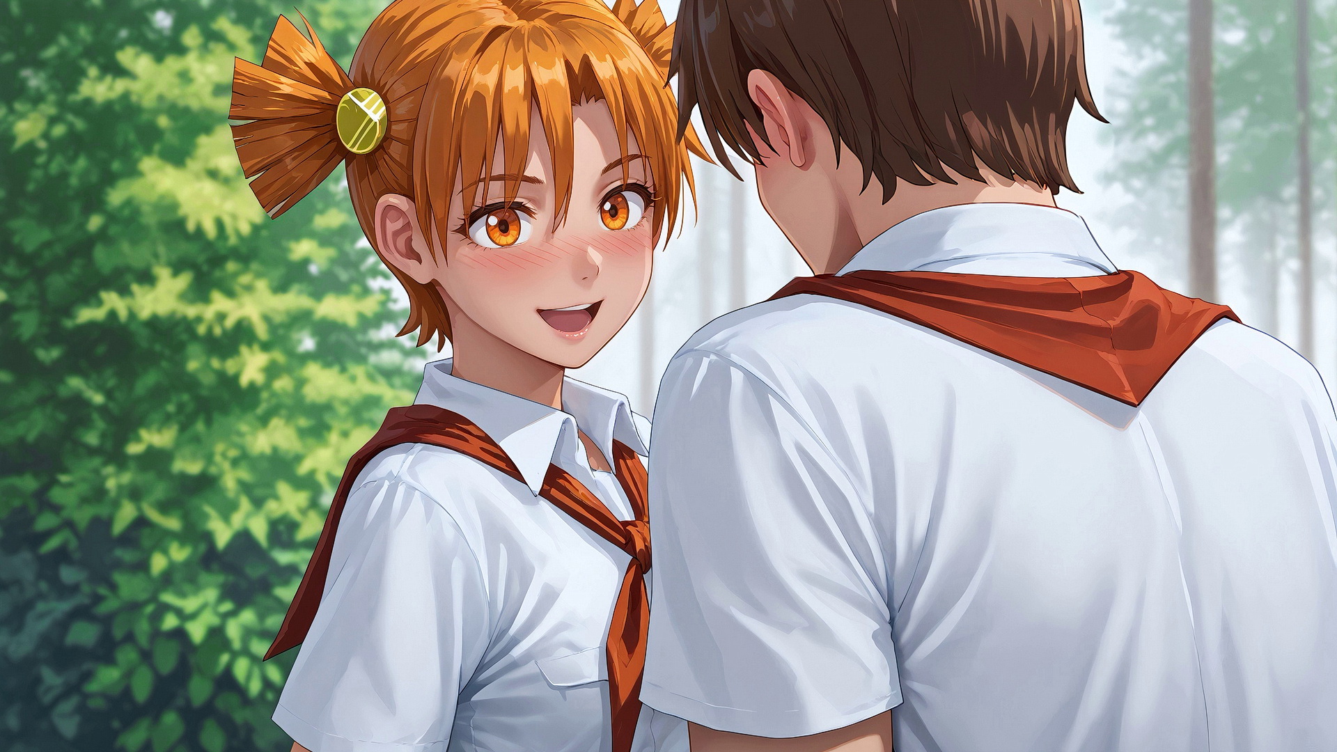 Алиса и Семен стоят на фоне природы игра бесконечное лето