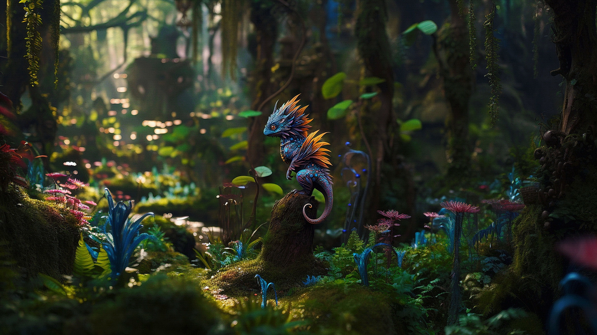 A little dragon in a fairy-tale forest sits on a stump