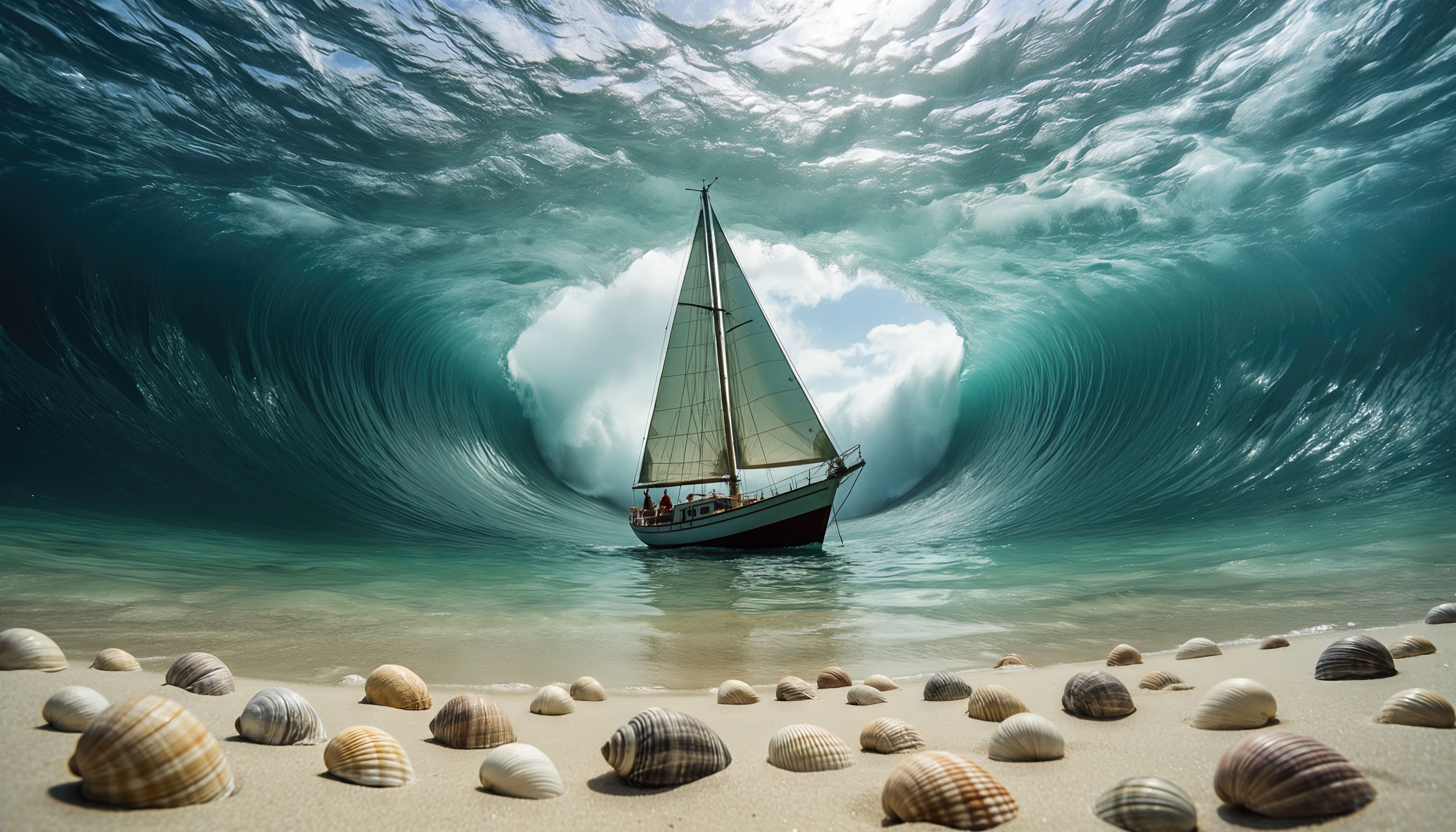 Бесплатное фото Парусник в туннеле из волны, ракушки на песчаном берегу.