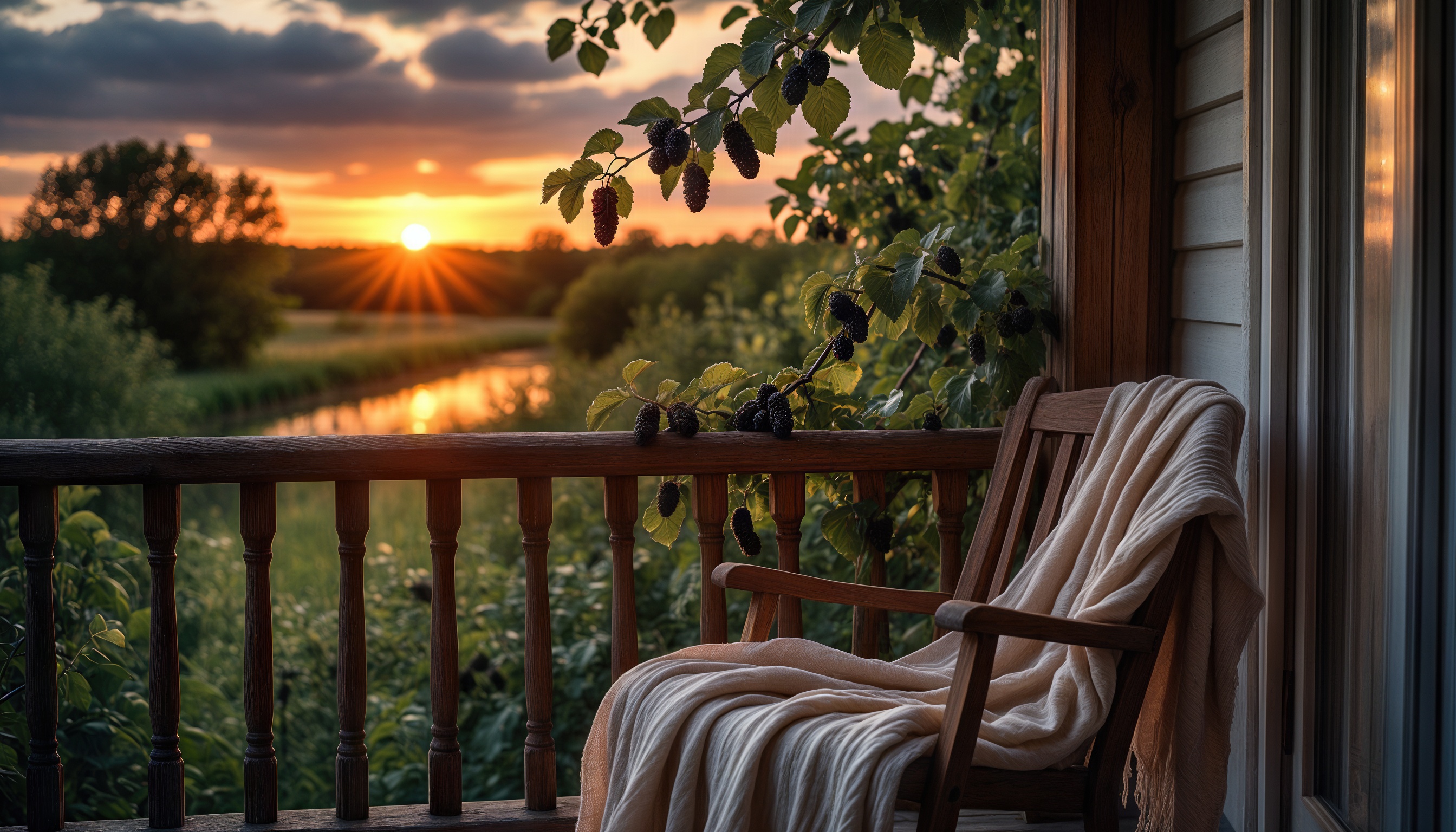 Бесплатное фото На балконе с видом на закатное озеро стоит стул с покрывалом, рядом растет дерево тутовника с темными ягодами.