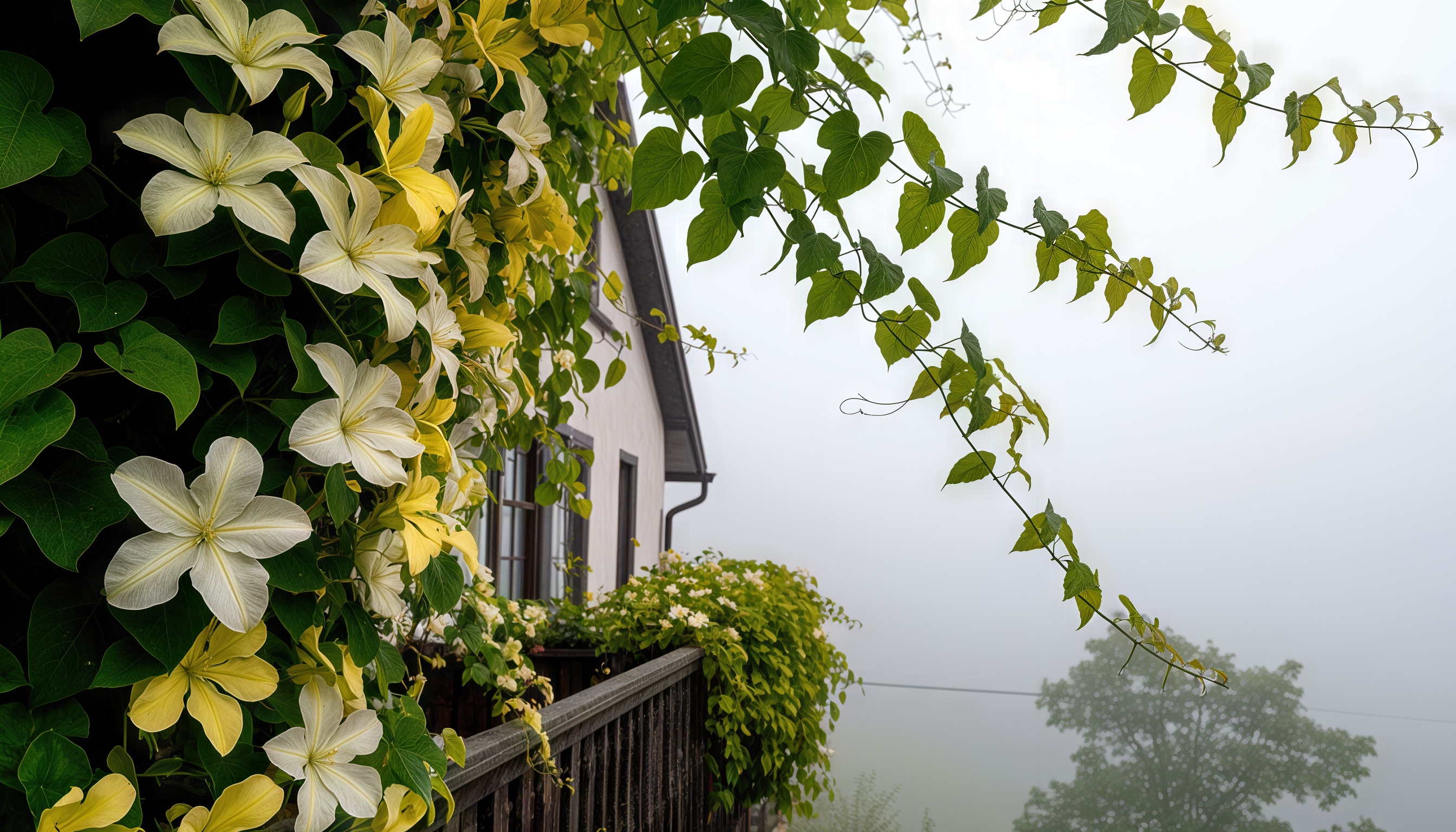 Дом с белыми стенами и черными окнами окружен вьющимися растениями и цветами, а вдалеке виднеется туман.