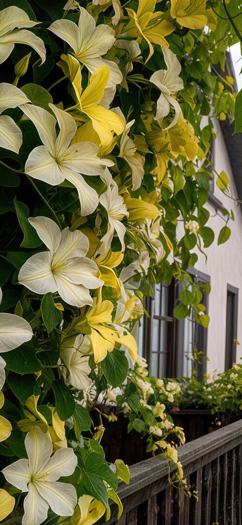 Бесплатное фото Дом с белыми стенами и черными окнами окружен вьющимися растениями и цветами, а вдалеке виднеется туман.