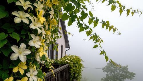 Бесплатное фото Дом с белыми стенами и черными окнами окружен вьющимися растениями и цветами, а вдалеке виднеется туман.