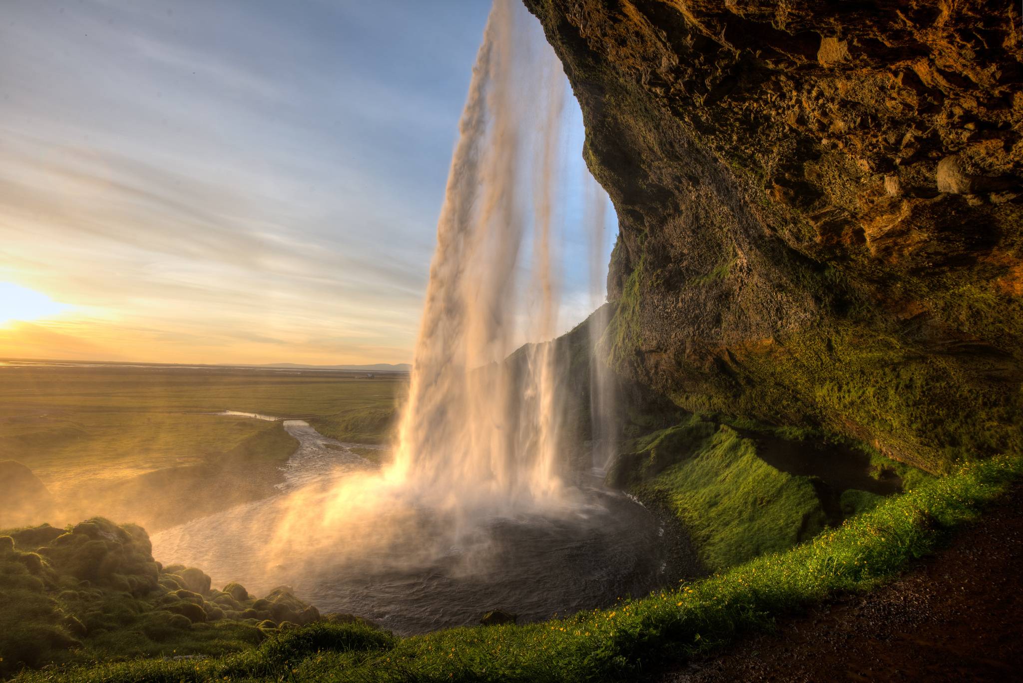 Wallpapers waterfall mountain field on the desktop